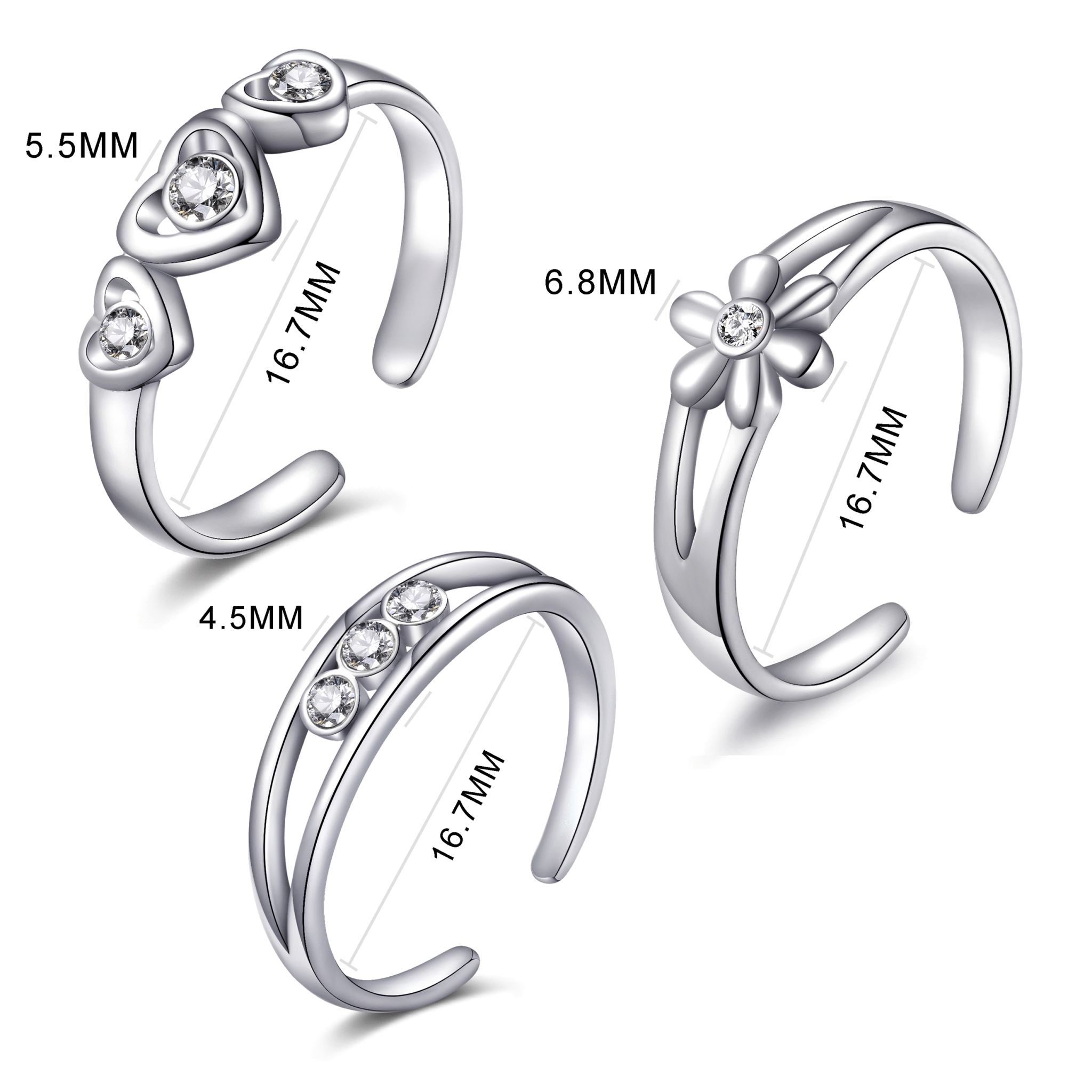 Set of Three Silver Plated Adjustable Toe Rings Created with Zircondia® Crystals