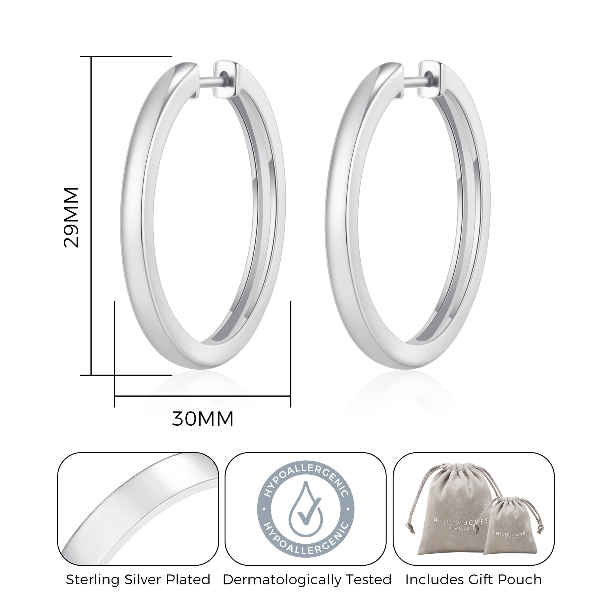 Silver Plated 30mm Plain Hoop Earrings