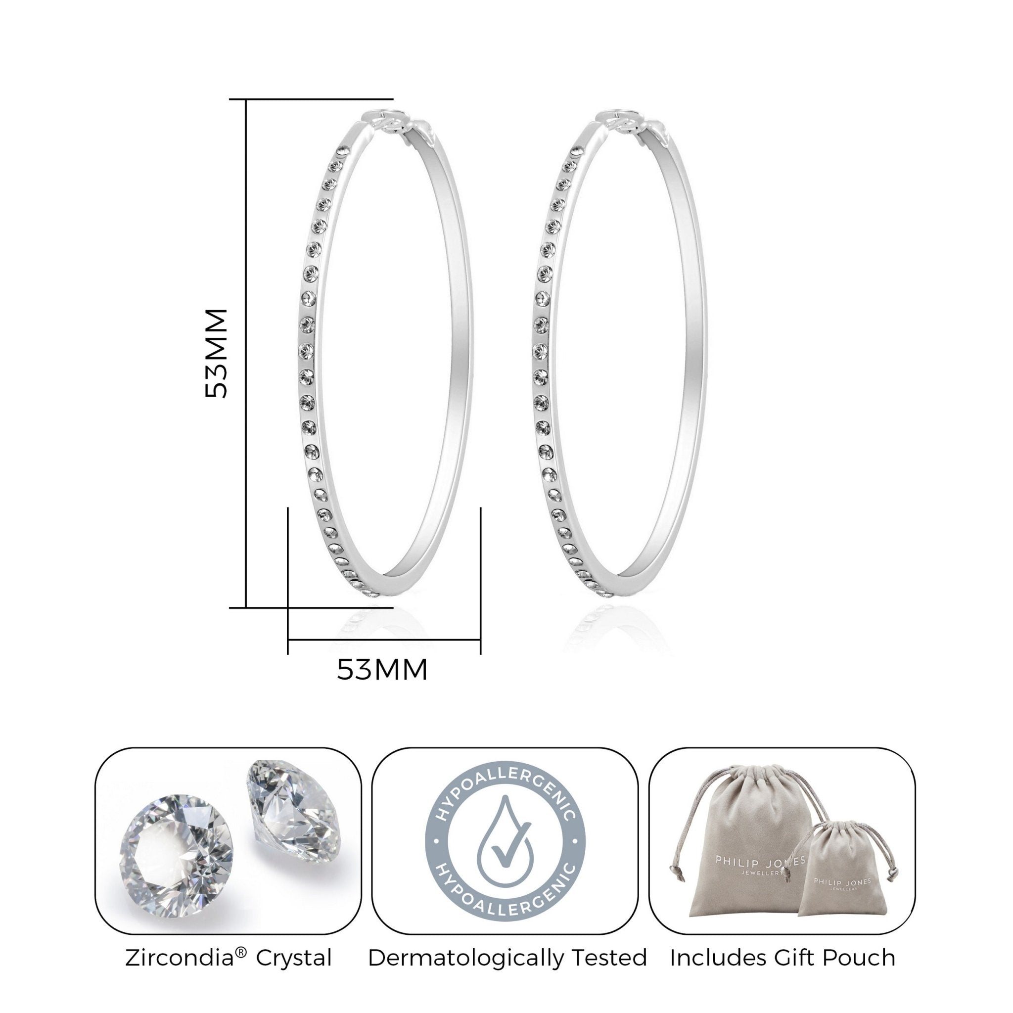 Silver Plated 50mm Hoop Earrings Created with Zircondia® Crystals