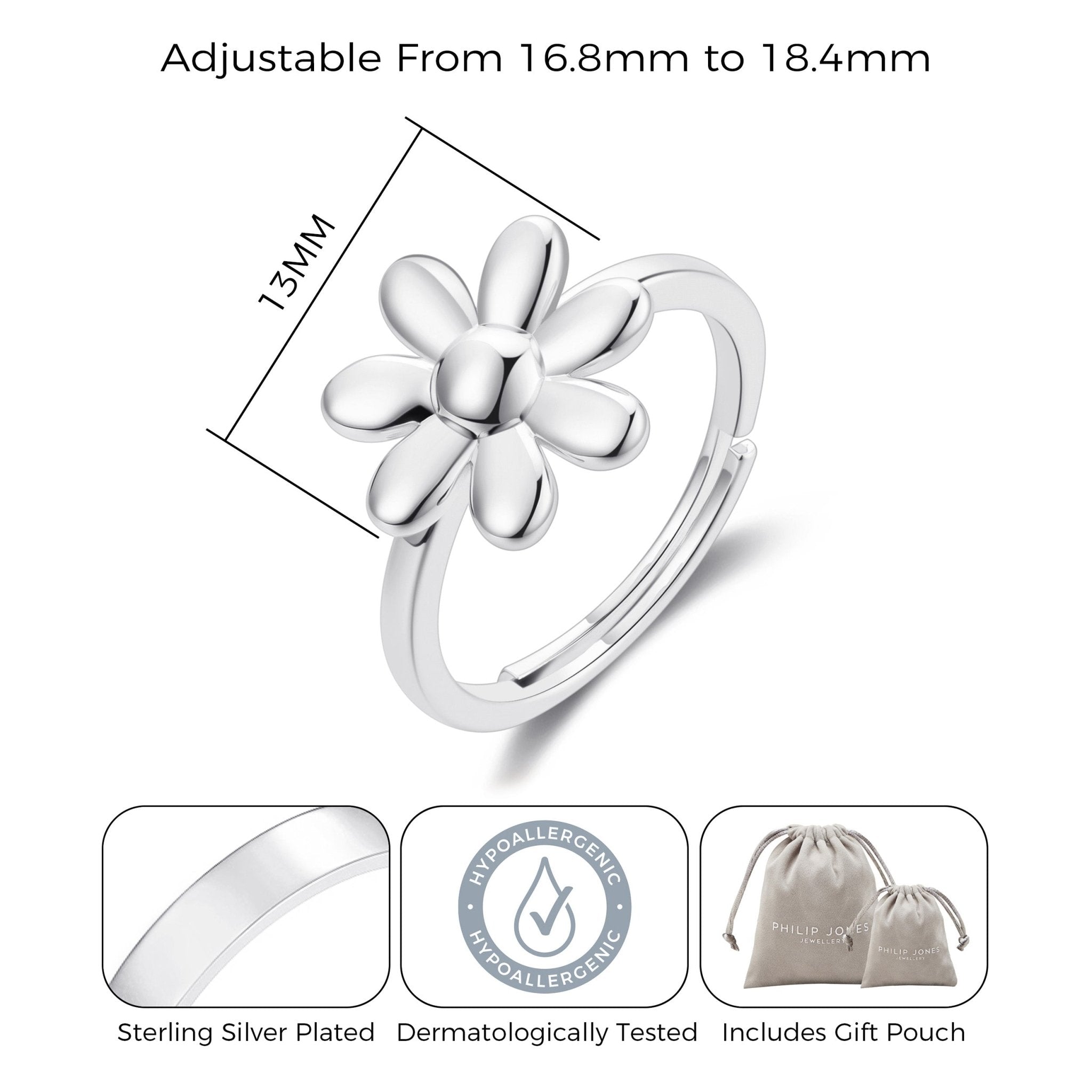 Silver Plated Adjustable Daisy Ring
