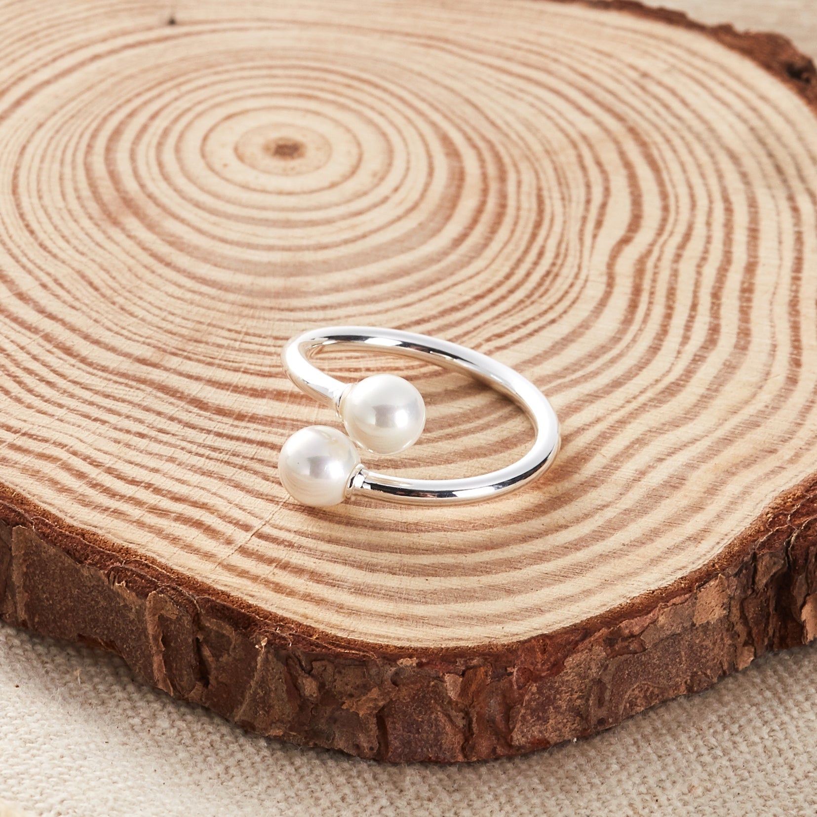 Silver Plated Adjustable Double Pearl Ring