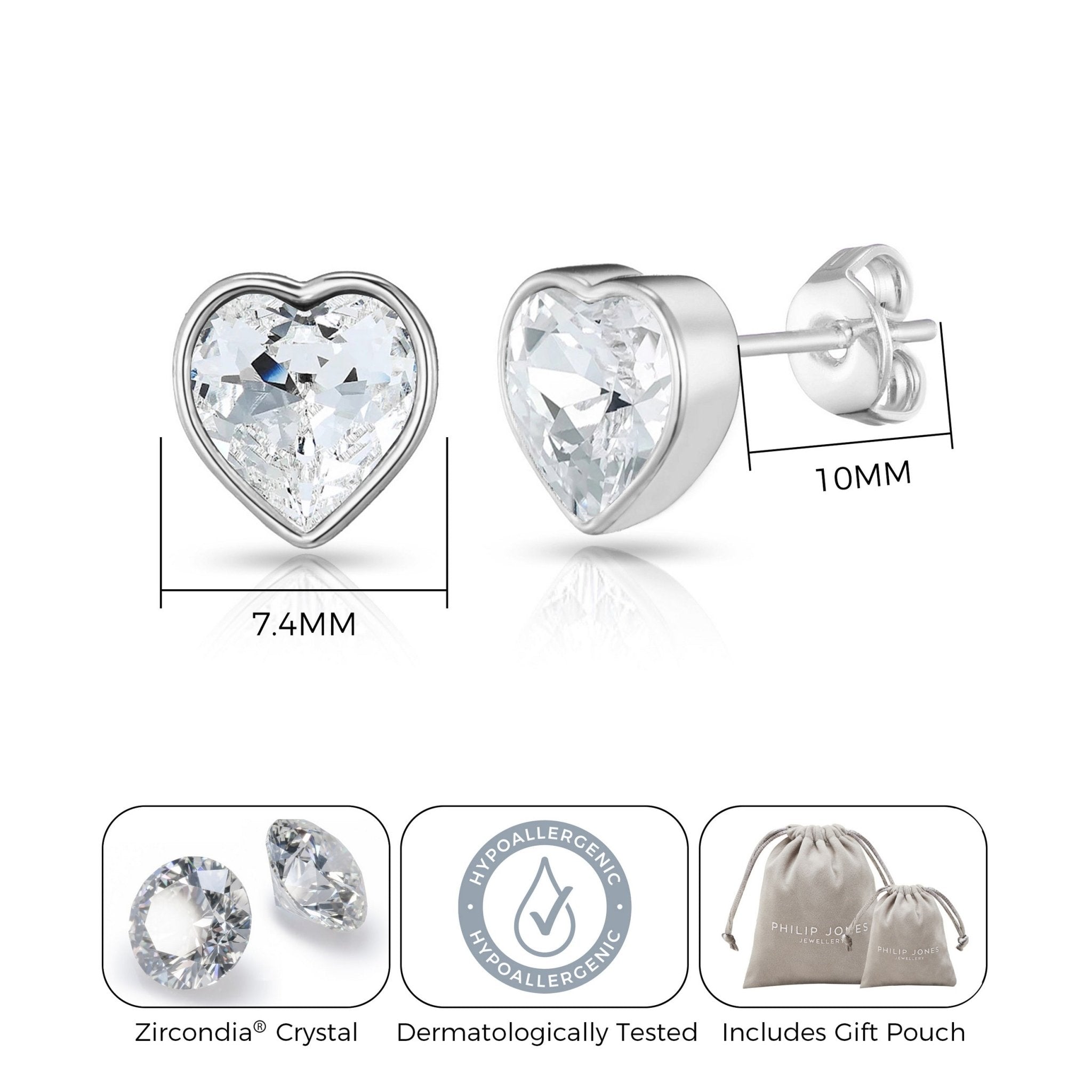 Silver Plated Bezel set Heart Earrings Created with Zircondia® Crystals