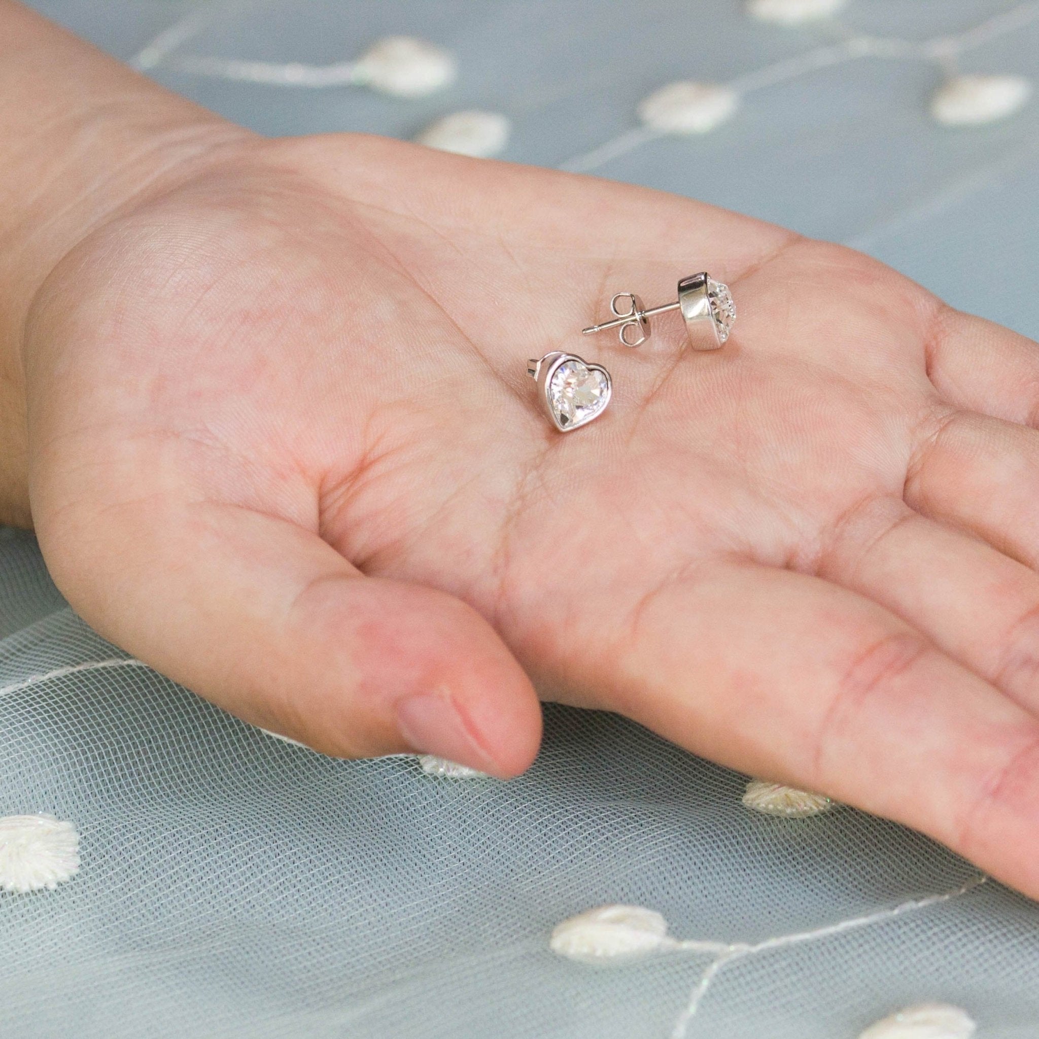 Silver Plated Bezel set Heart Earrings Created with Zircondia® Crystals
