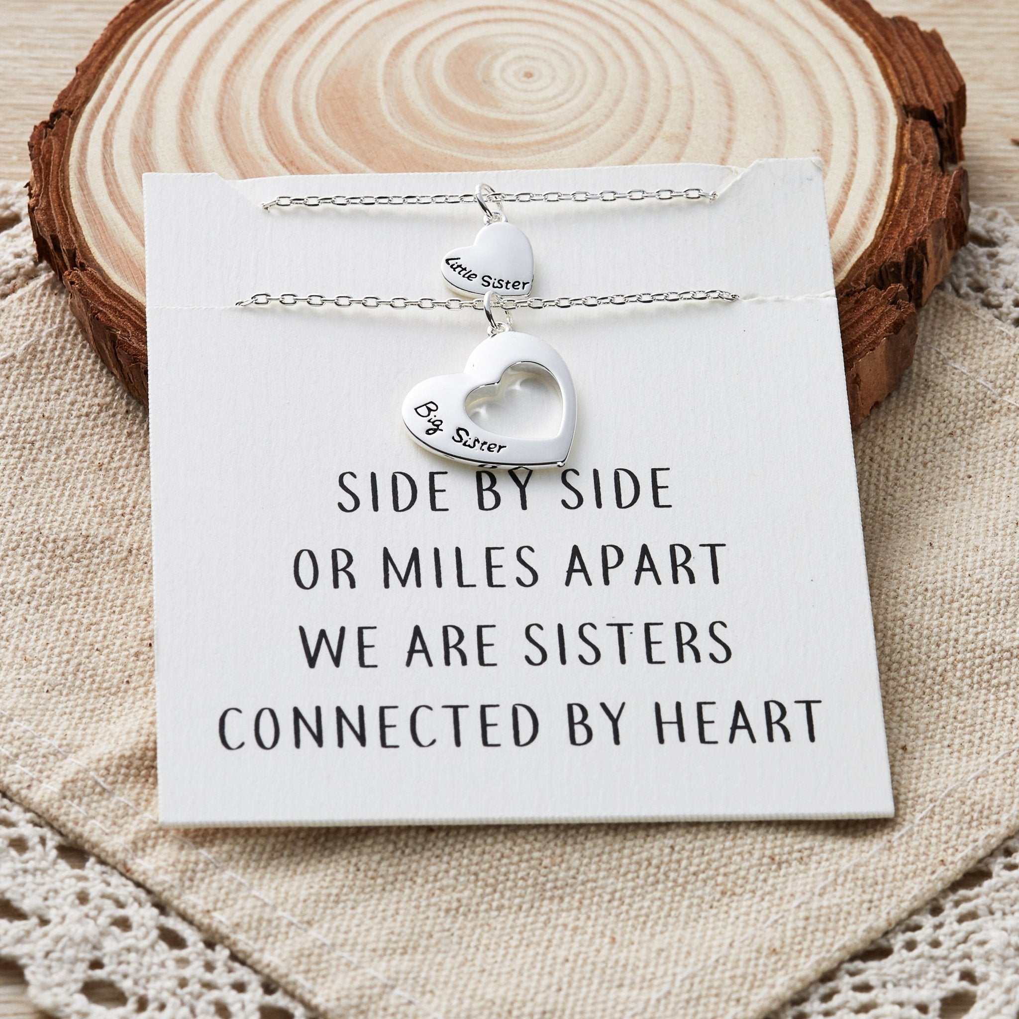 Silver Plated Big Sister and Little Sister Necklace Set with Quote Card