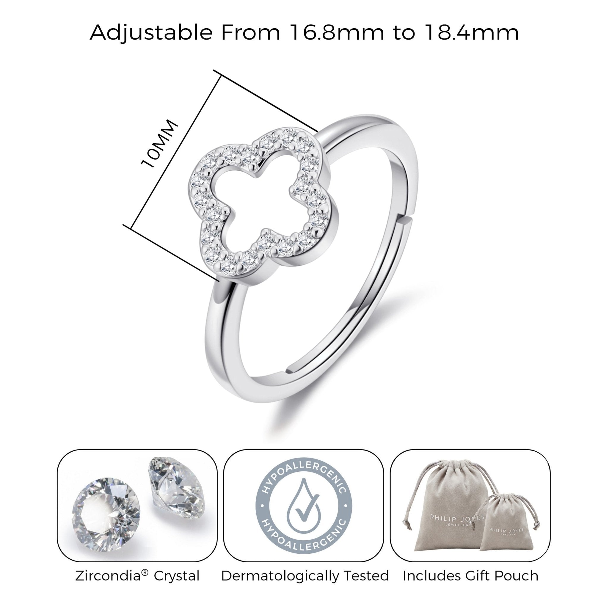 Silver Plated Clover Ring Created with Zircondia® Crystals