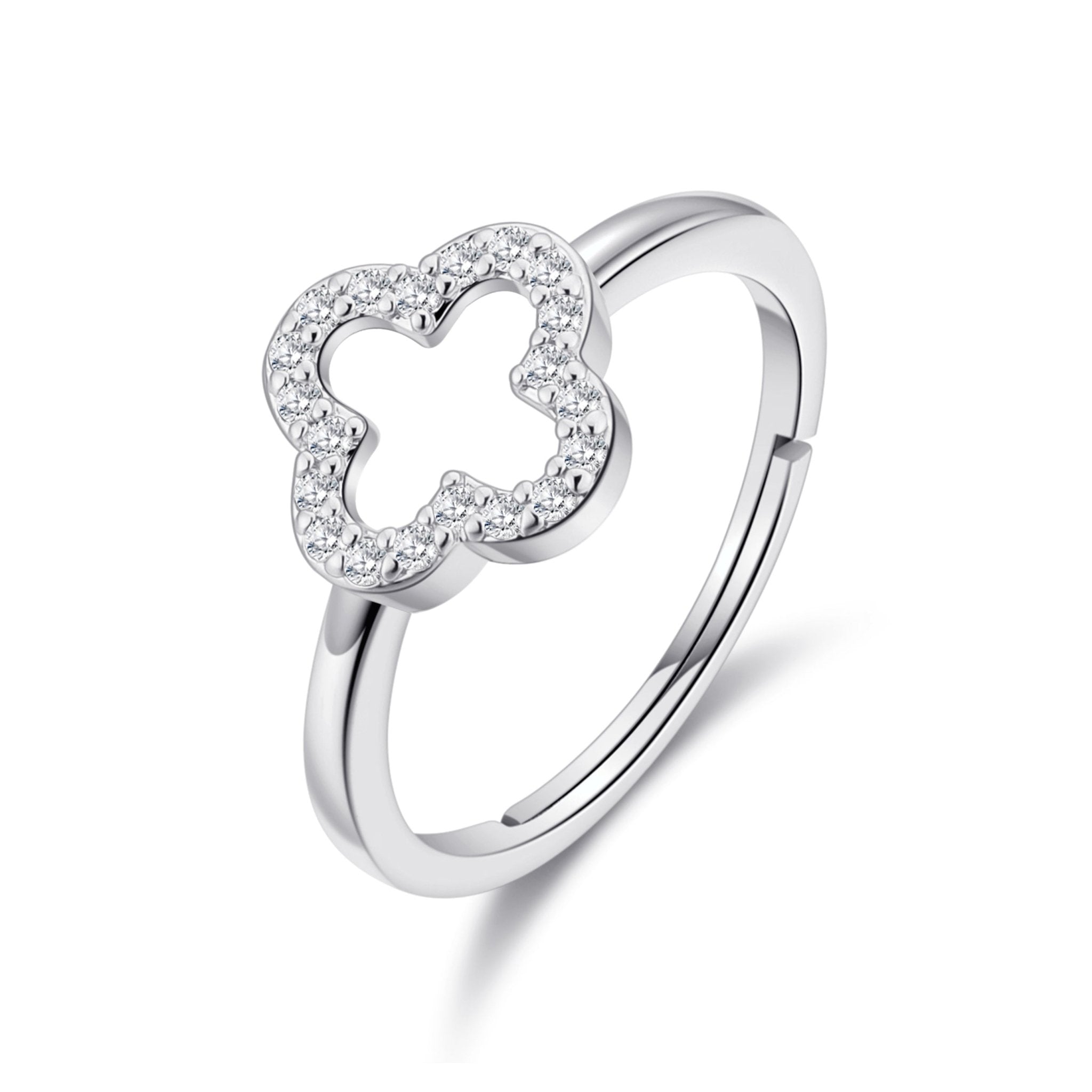 Silver Plated Clover Ring Created with Zircondia® Crystals