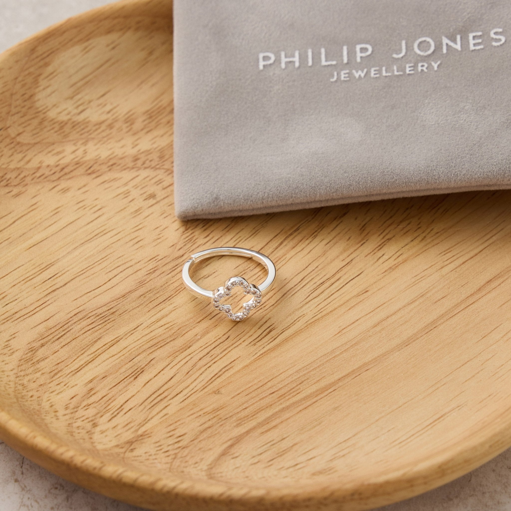 Silver Plated Clover Ring Created with Zircondia® Crystals