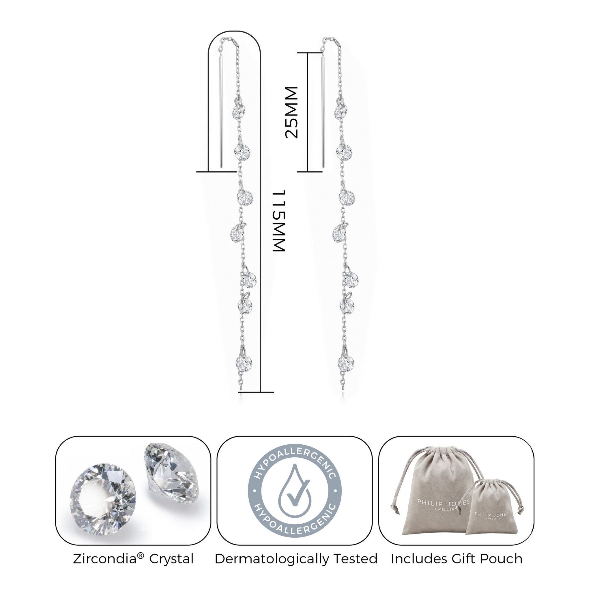 Silver Plated Dangle Thread Earrings Created with Zircondia® Crystals