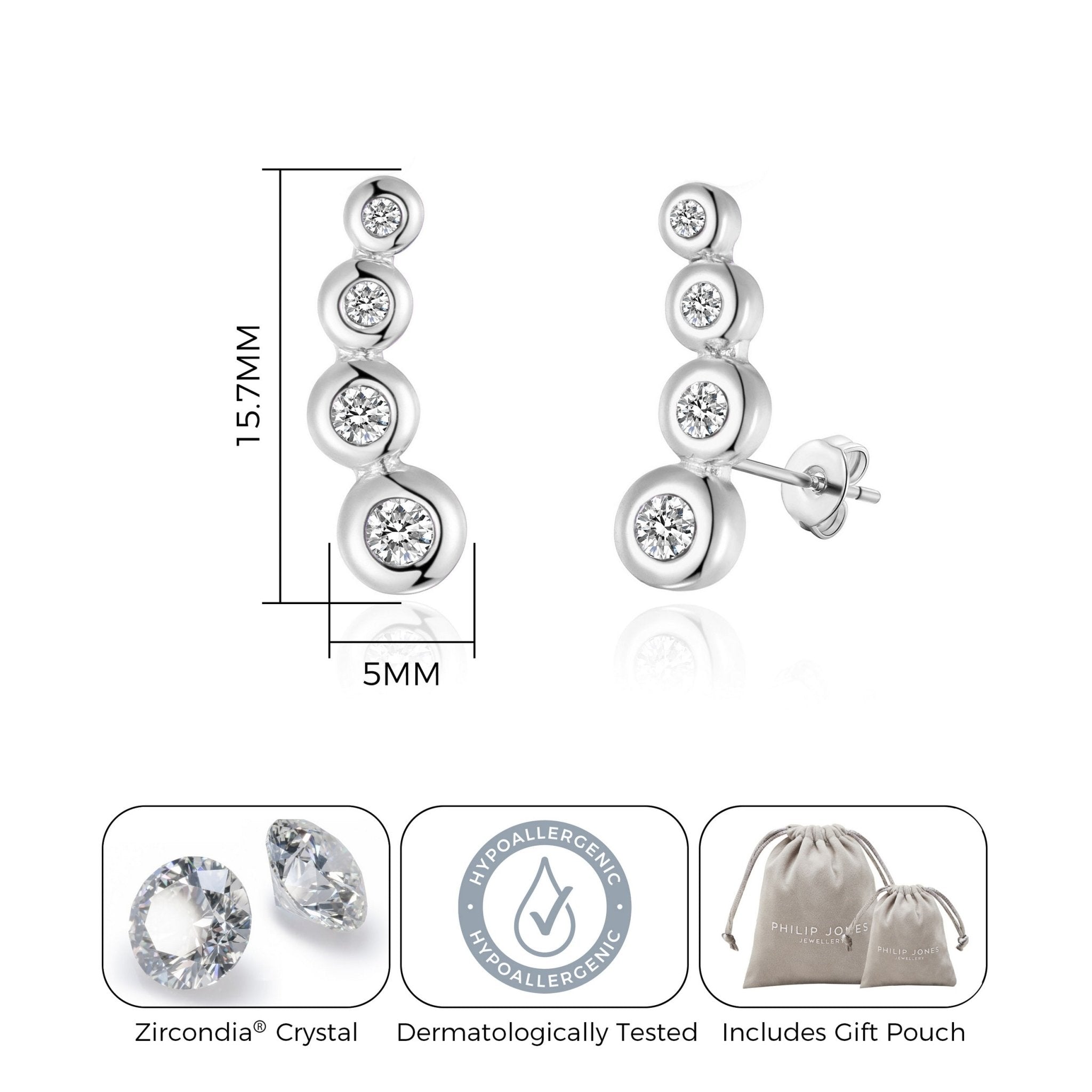 Silver Plated Four Stone Climber Earrings Created With Zircondia® Crystals