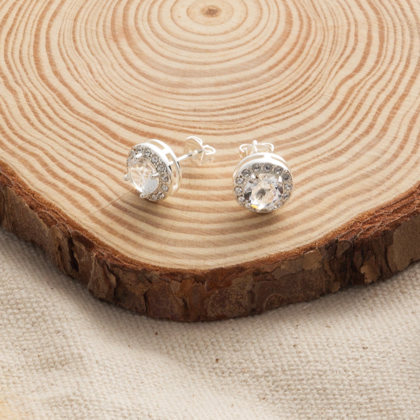 Silver Plated Halo Earrings Created with Zircondia® Crystals