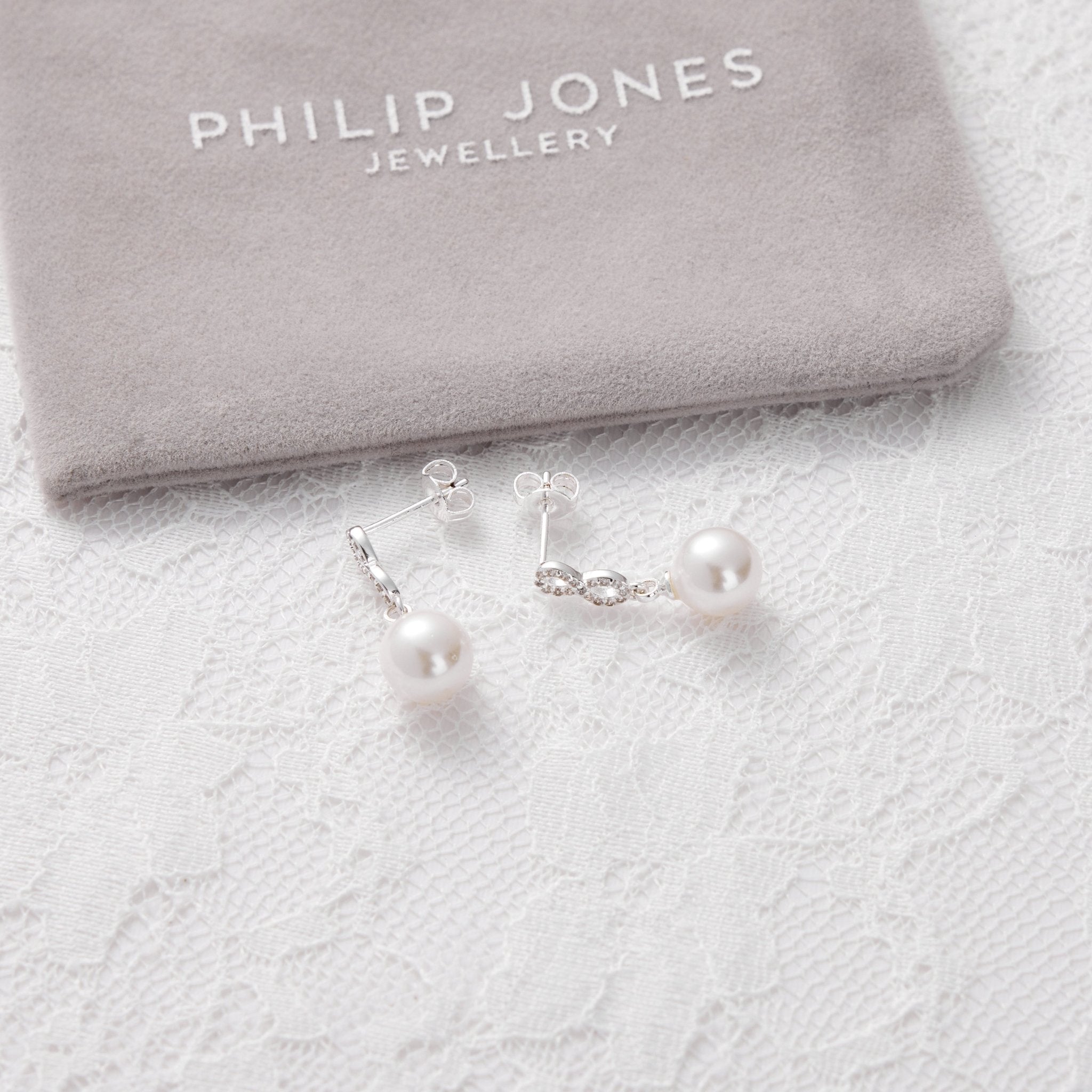 Silver Plated I Couldn't Say I Do Without You Infinity Pearl Drop Earrings with Zircondia® Crystals