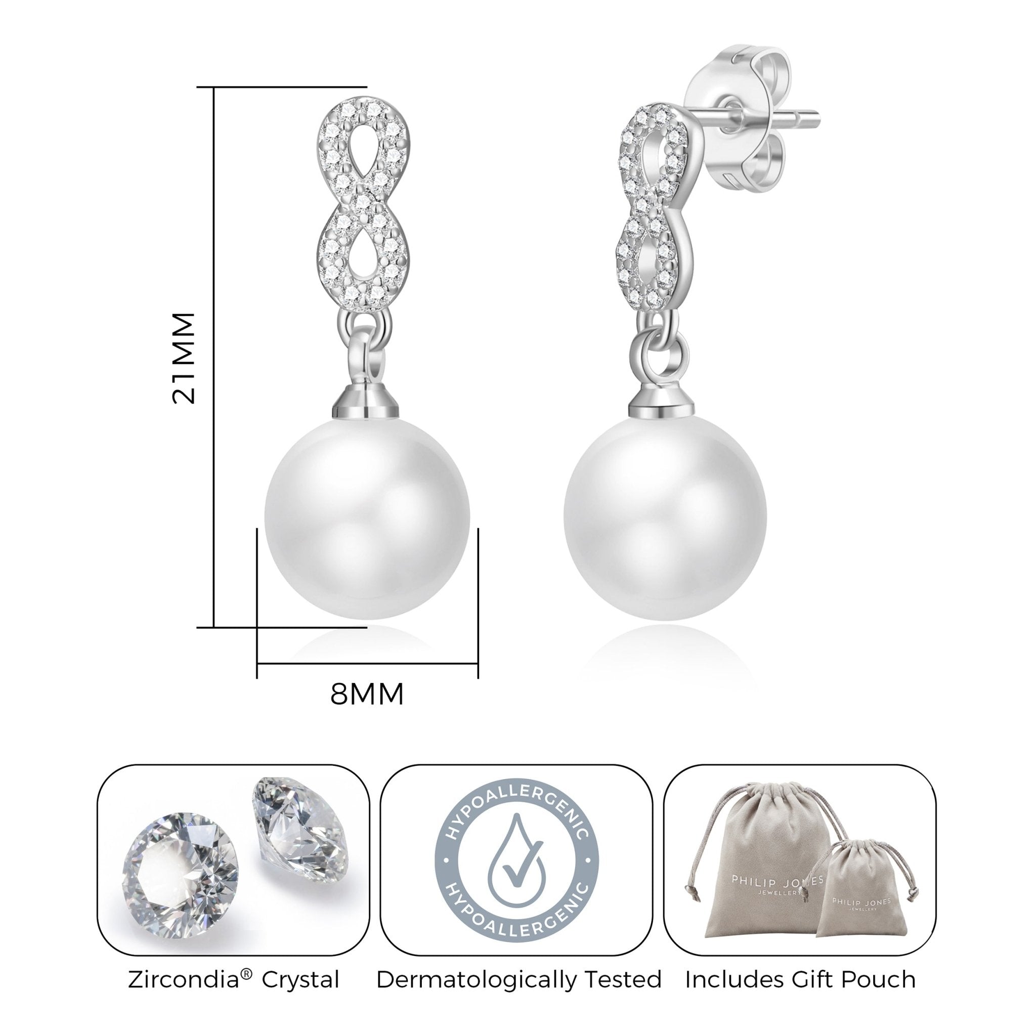 Silver Plated Infinity Pearl Drop Earrings Created with Zircondia® Crystals