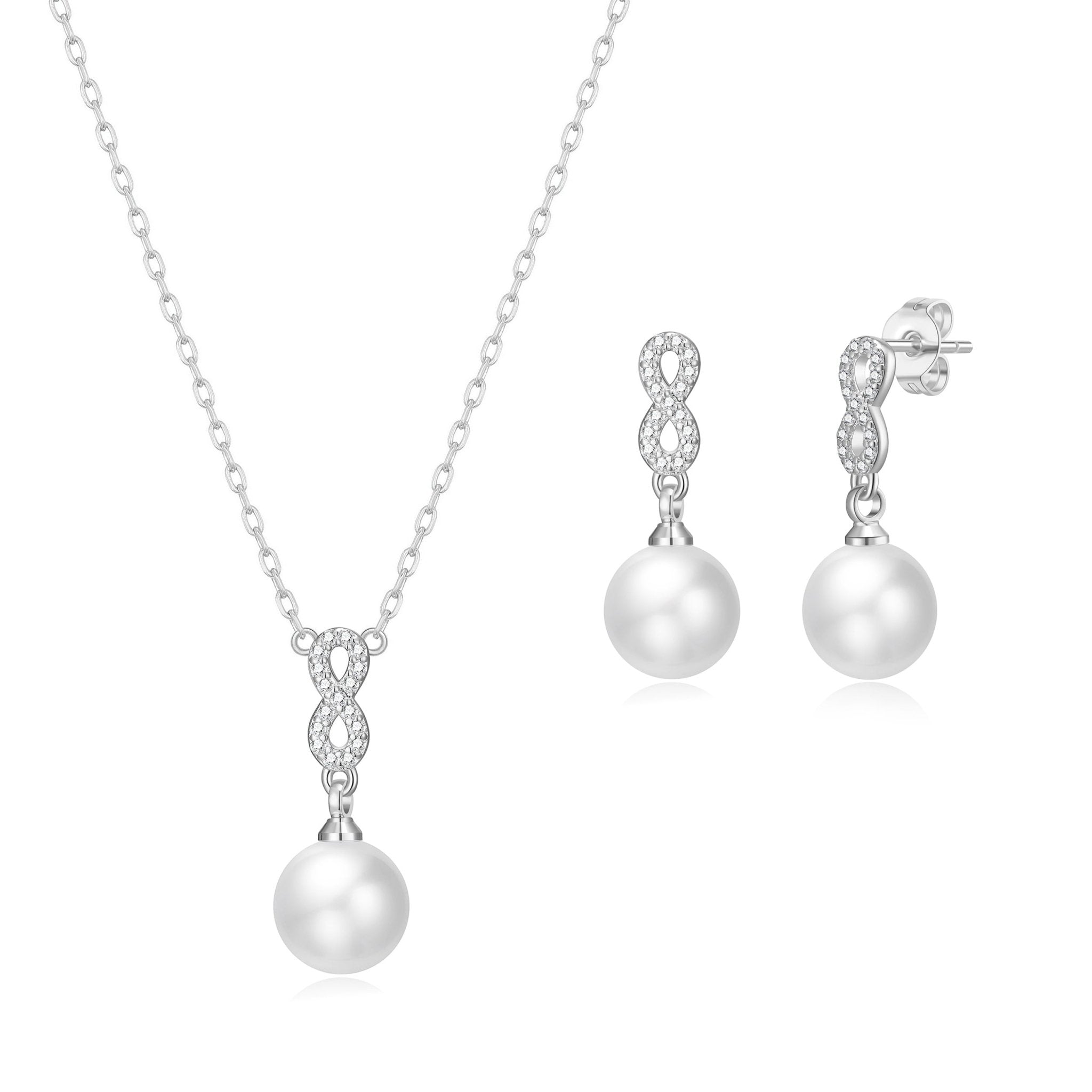 Silver Plated Infinity Pearl Drop Set Created with Zircondia® Crystals