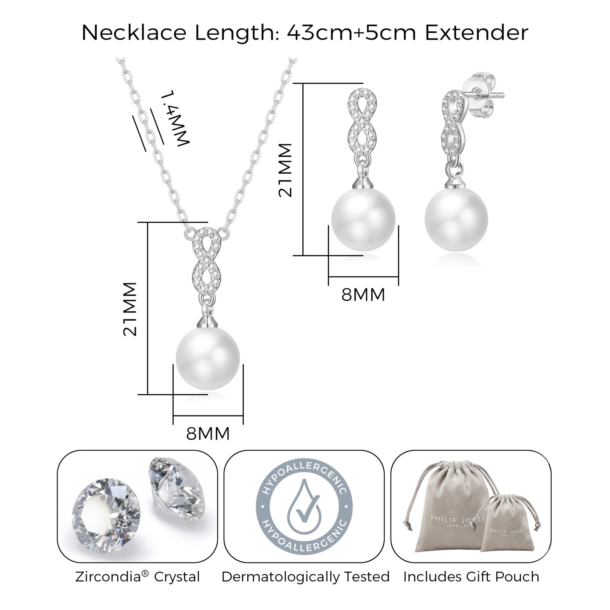 Silver Plated Infinity Pearl Drop Set Created with Zircondia® Crystals