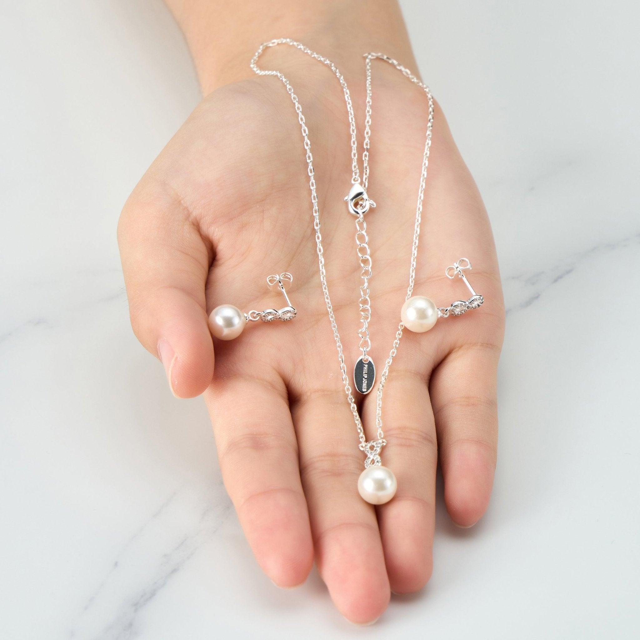 Silver Plated I Couldn't Say I Do Without You Infinity Pearl Drop Set with Zircondia® Crystals