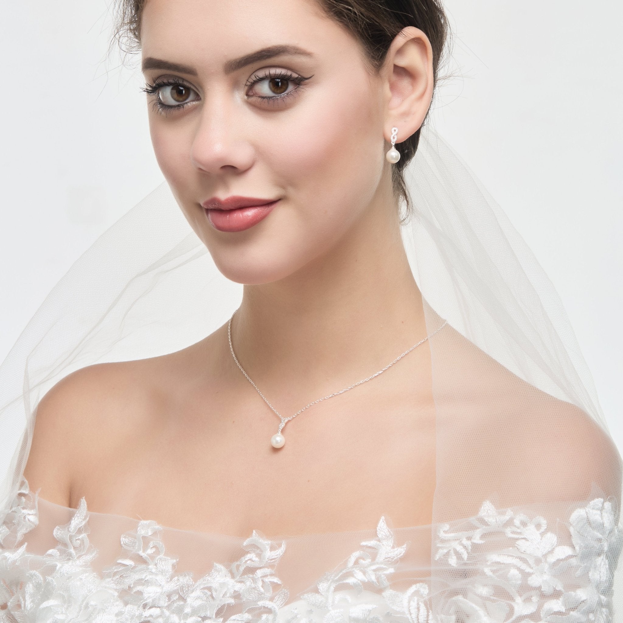 Silver Plated I Couldn't Say I Do Without You Infinity Pearl Drop Set with Zircondia® Crystals