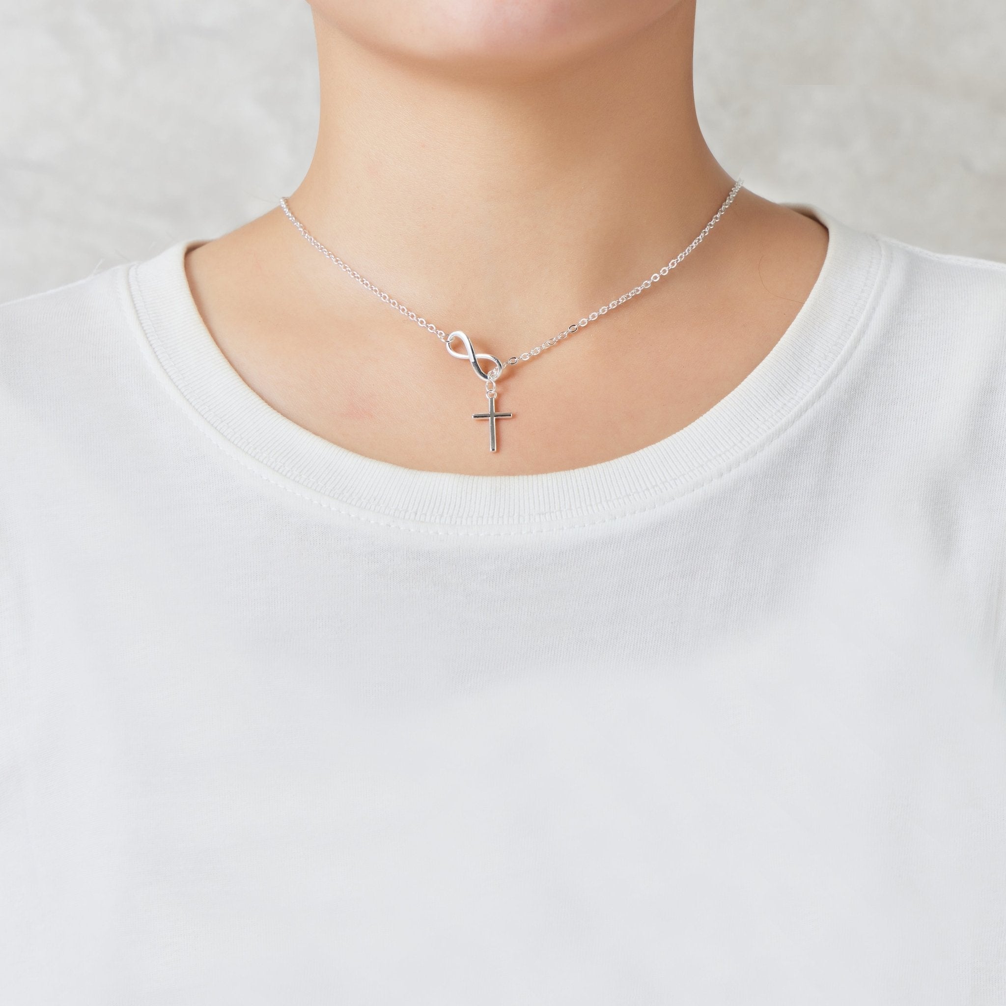 Silver Plated Infinity with Cross Lariat Necklace