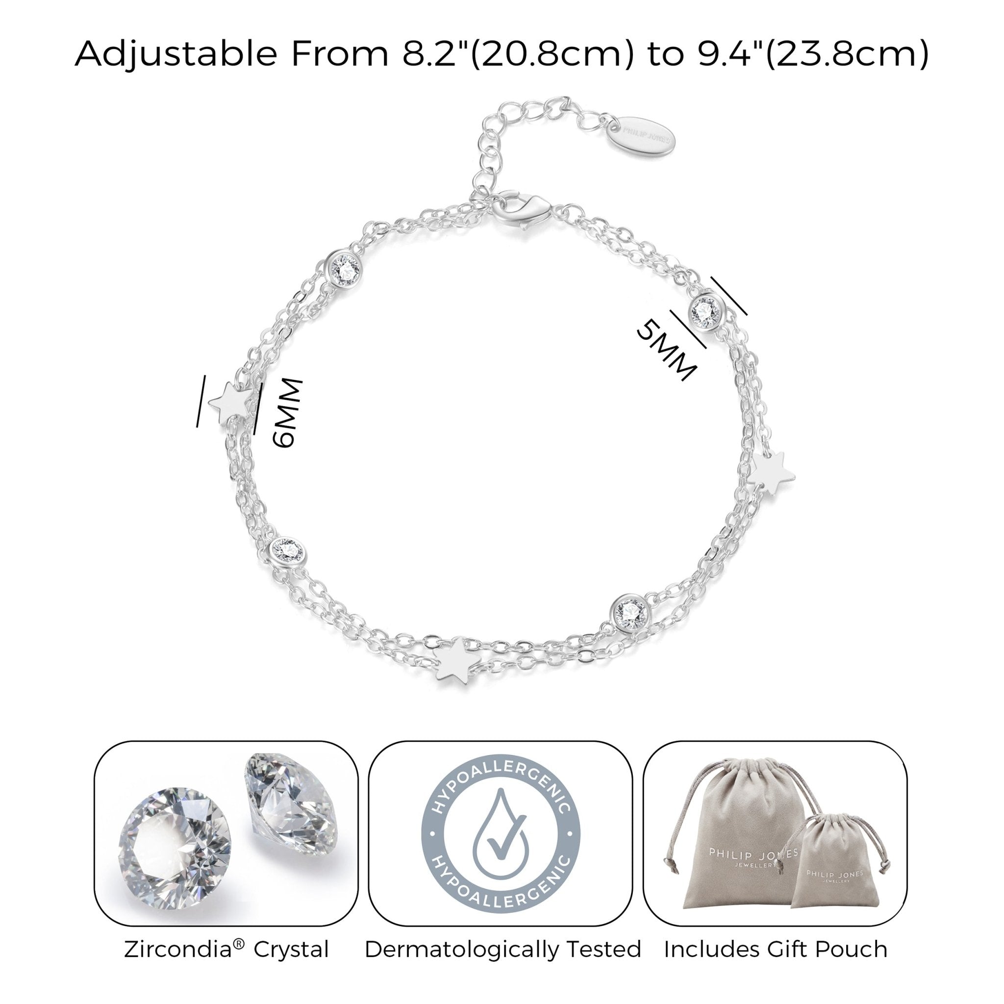 Silver Plated Layered Star Anklet Created with Zircondia® Crystals