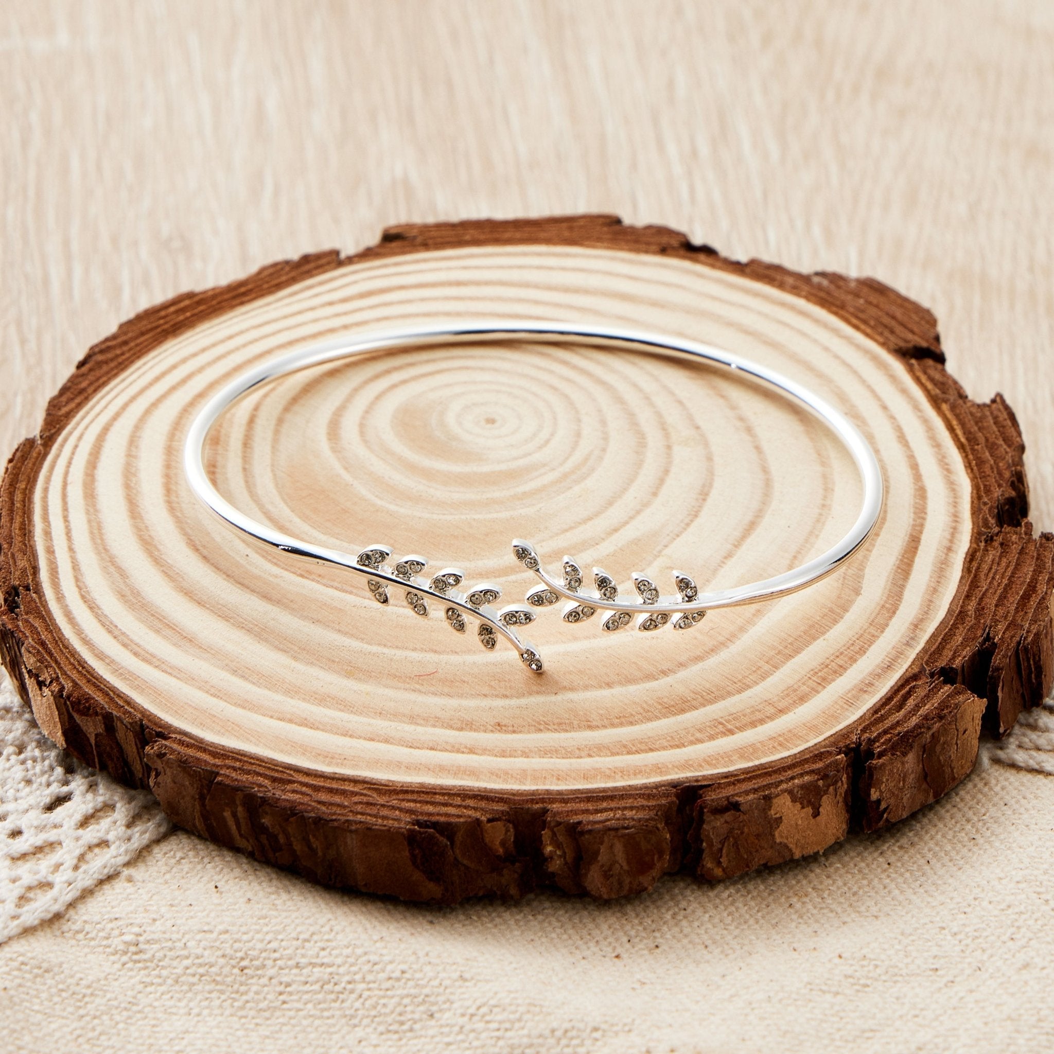 Silver Plated Leaf Bangle Created with Zircondia® Crystals