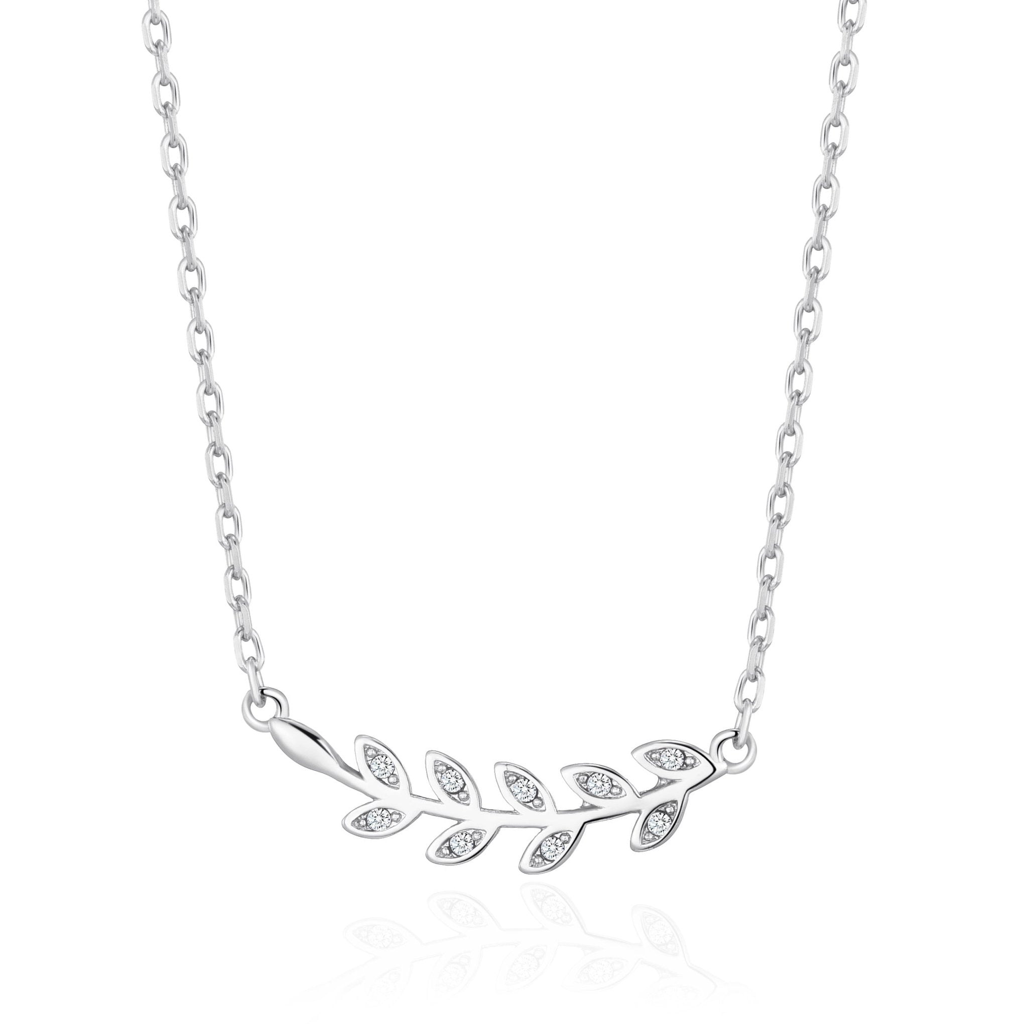 Silver Plated Leaf Necklace Created with Zircondia® Crystals