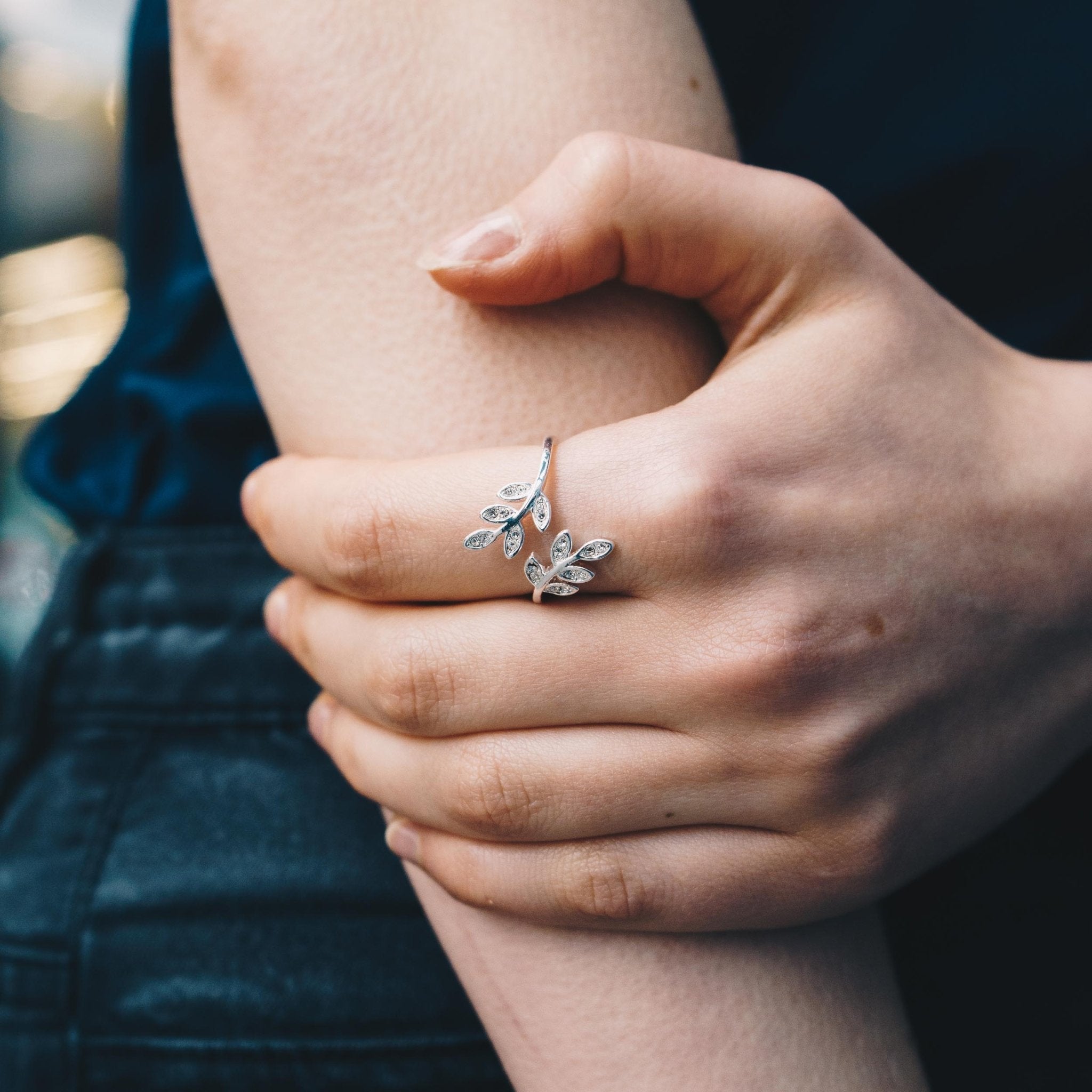 Silver Plated Leaf Ring Created with Zircondia® Crystals