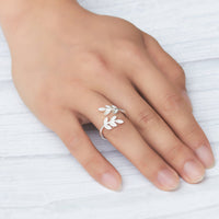 Silver Plated Leaf Ring Created with Zircondia® Crystals