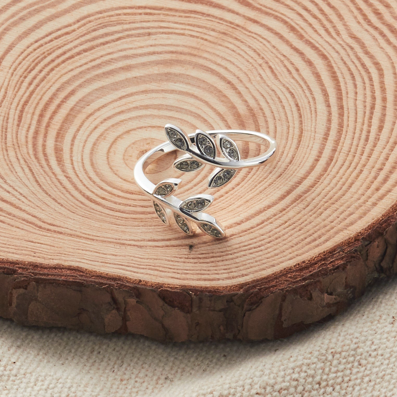 Silver Plated Leaf Ring Created with Zircondia® Crystals