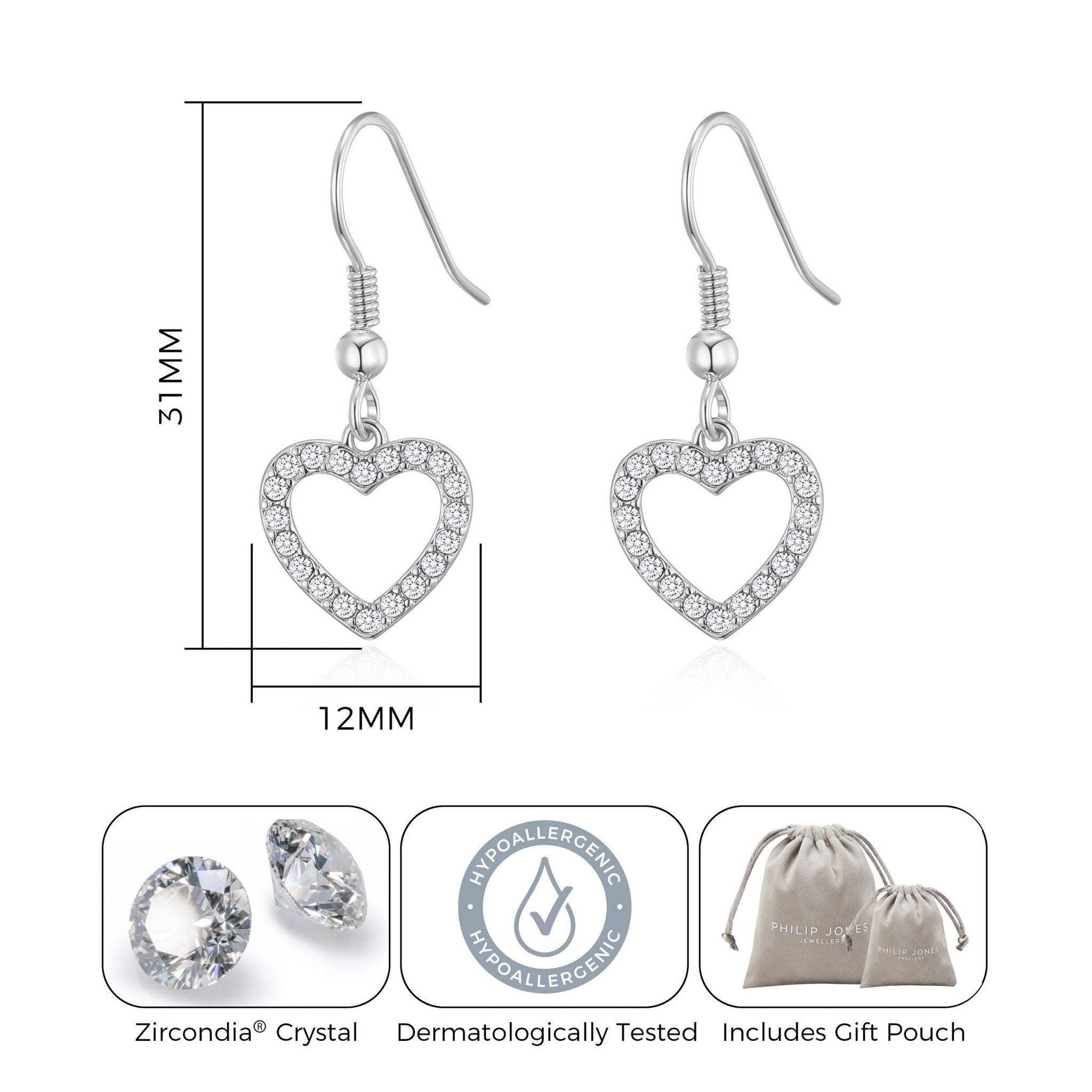 Silver Plated Open Heart Drop Earrings Created with Zircondia® Crystals