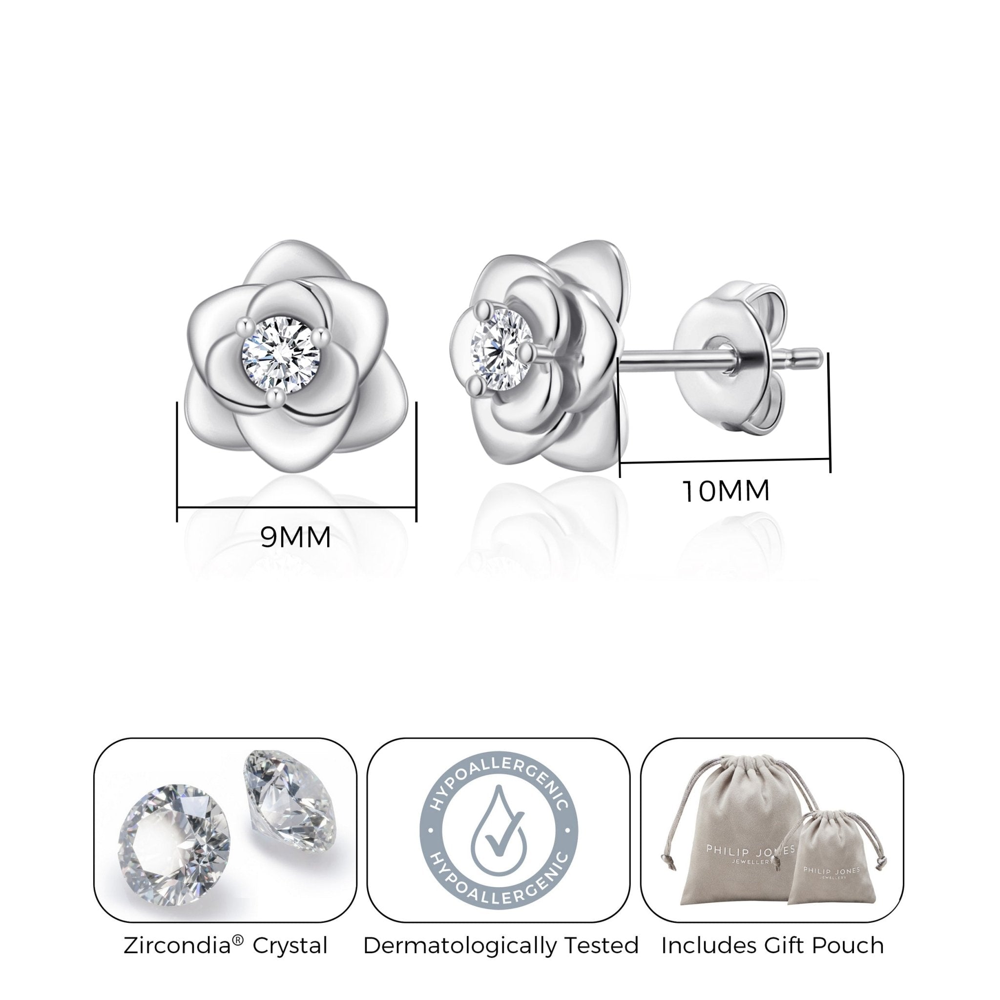 Silver Plated Rose Earrings Created with Zircondia® Crystals