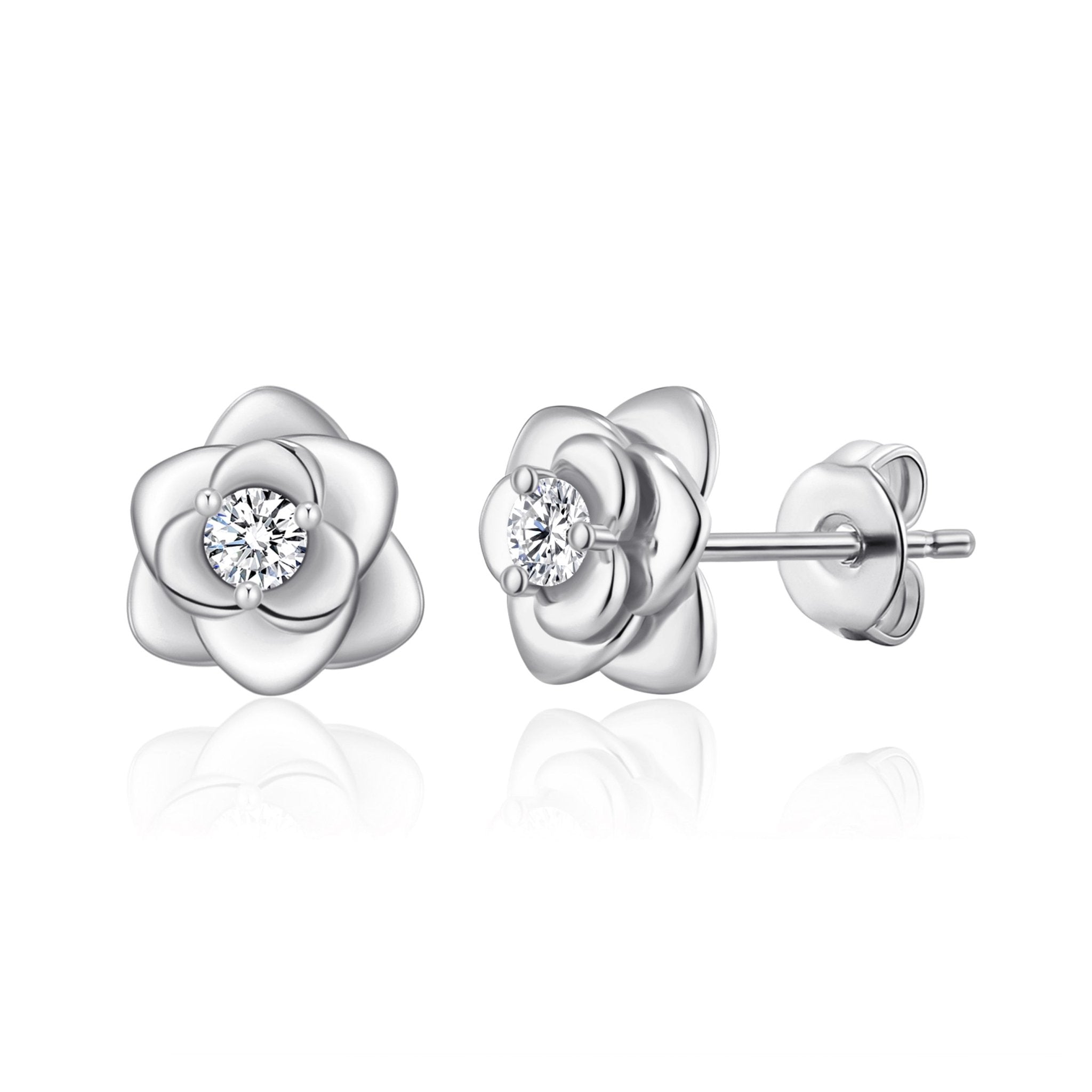 Silver Plated Rose Earrings Created with Zircondia® Crystals