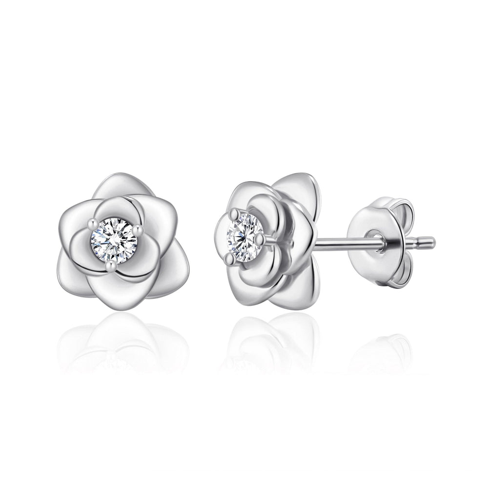 Silver Plated Rose Earrings Created with Zircondia® Crystals