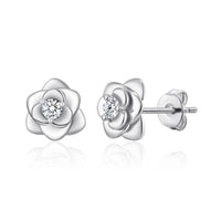 Silver Plated Rose Earrings Created with Zircondia® Crystals
