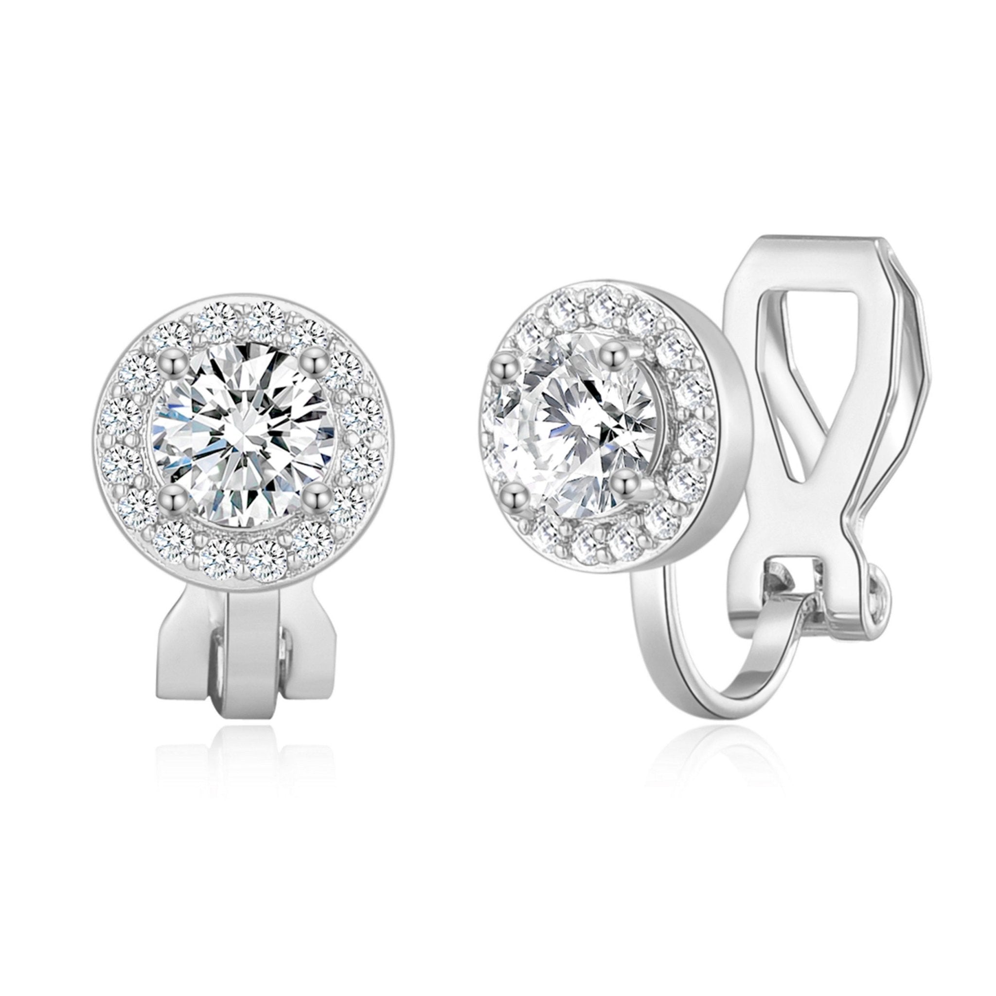 Silver Plated Round Halo Clip On Earrings Created with Zircondia® Crystals