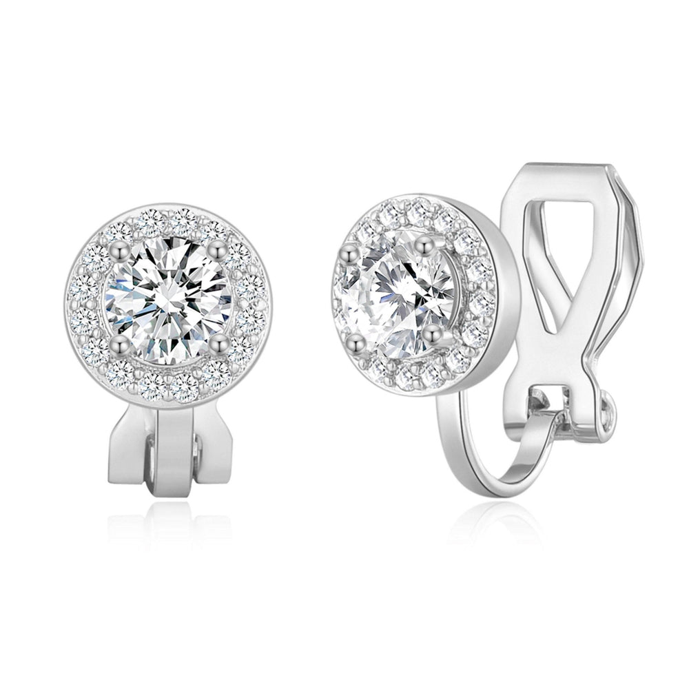 Silver Plated Round Halo Clip On Earrings Created with Zircondia® Crystals