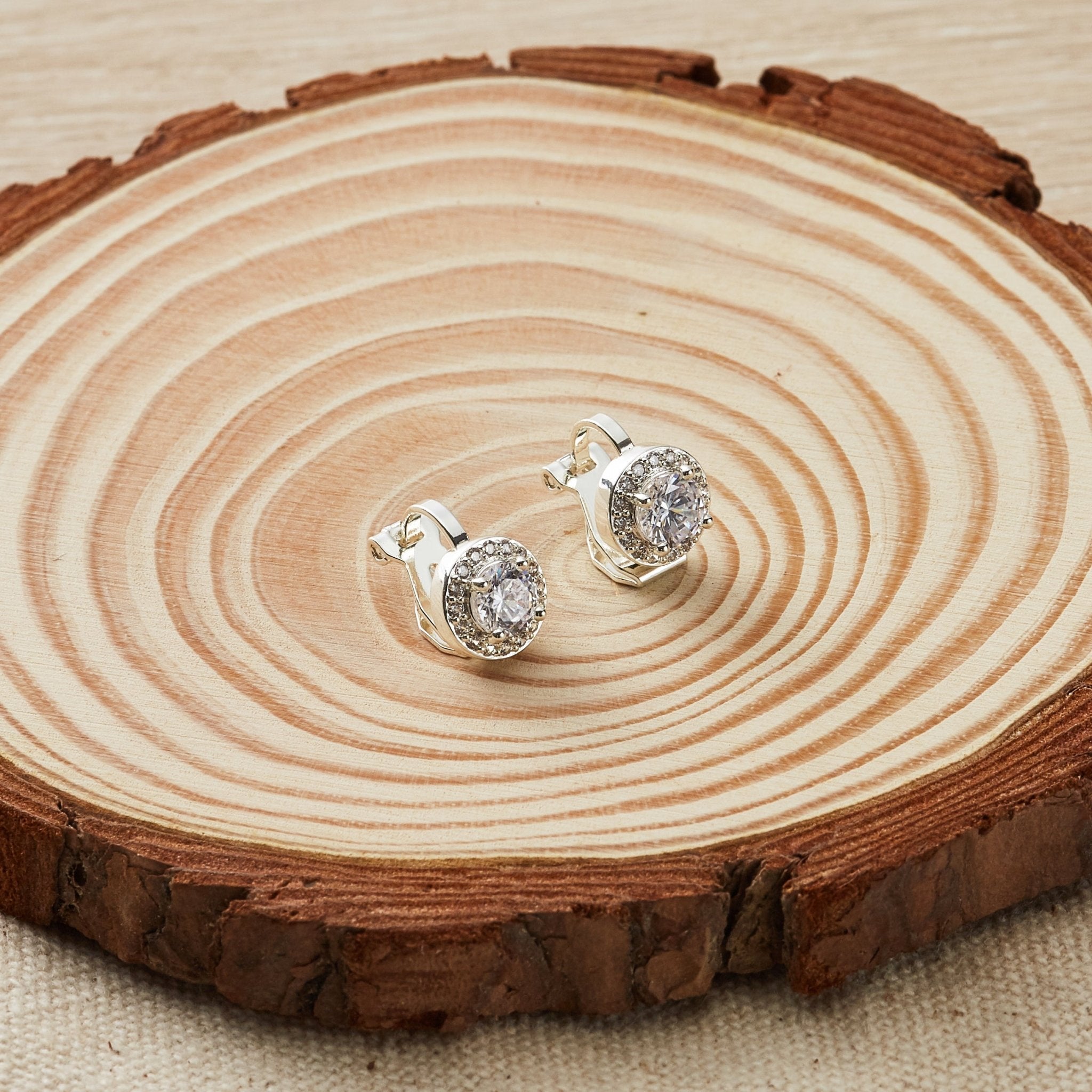 Silver Plated Round Halo Clip On Earrings Created with Zircondia® Crystals