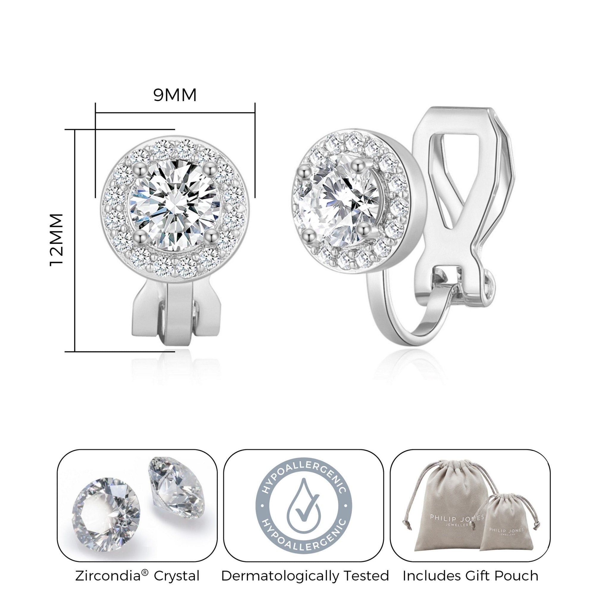 Silver Plated Round Halo Clip On Earrings Created with Zircondia® Crystals