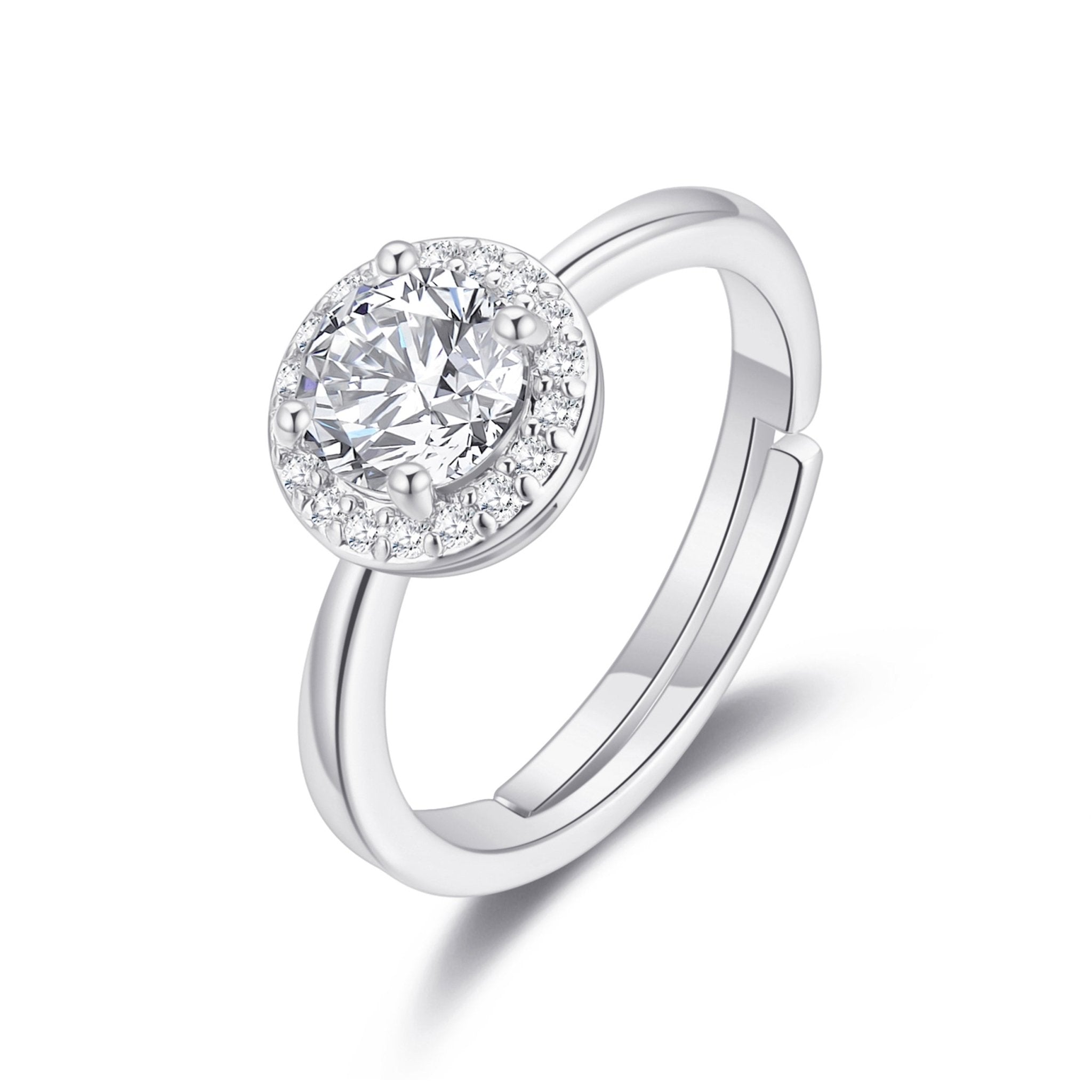 Silver Plated Round Halo Ring Created with Zircondia® Crystals
