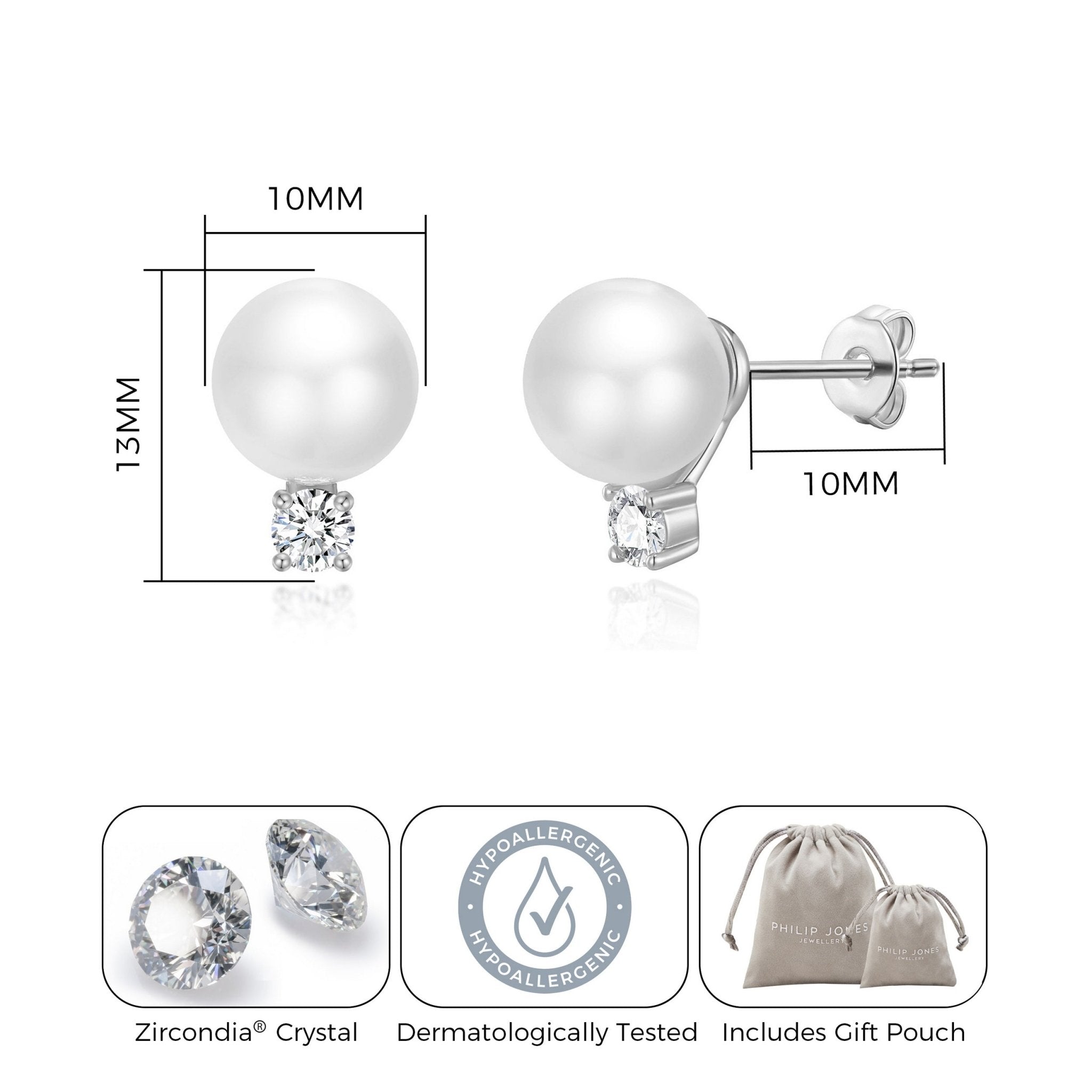 Silver Plated Round Shell Pearl Earrings Created with Zircondia® Crystals