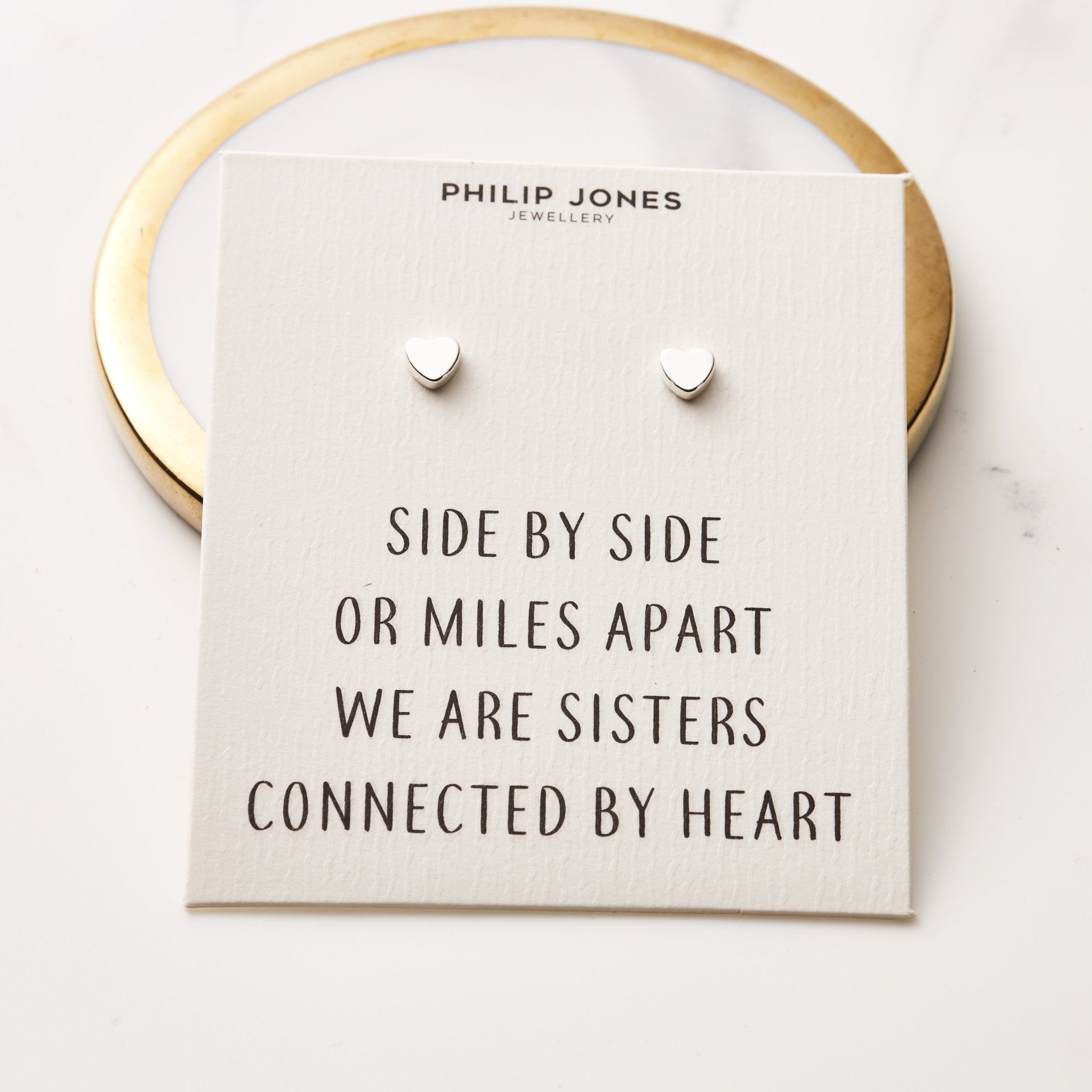 Silver Plated Sister Heart Stud Earrings with Quote Card