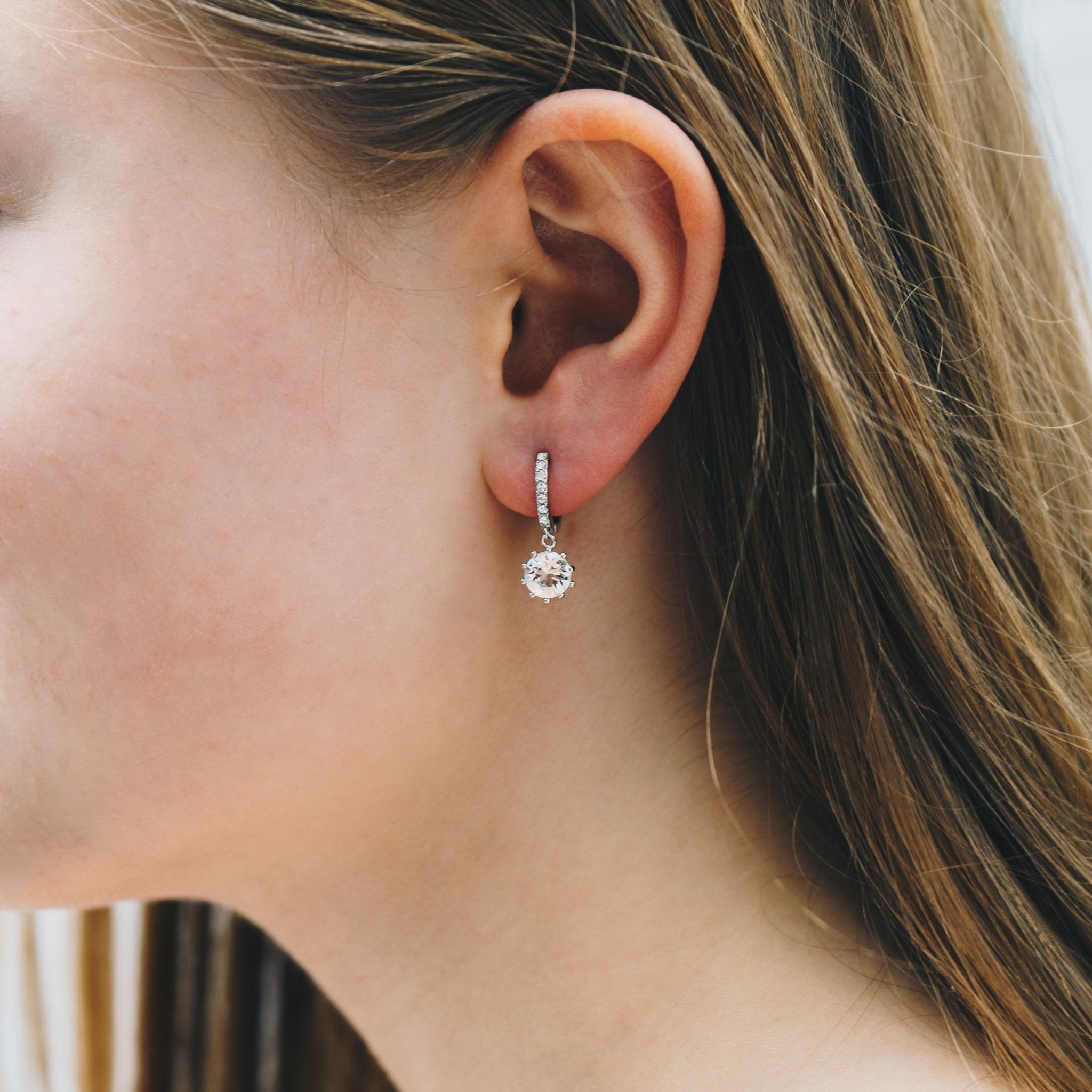 Silver Plated Solitaire Drop Hoop Earrings Created with Zircondia® Crystals