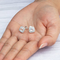 Silver Plated Square Halo Earrings Created with Zircondia® Crystals