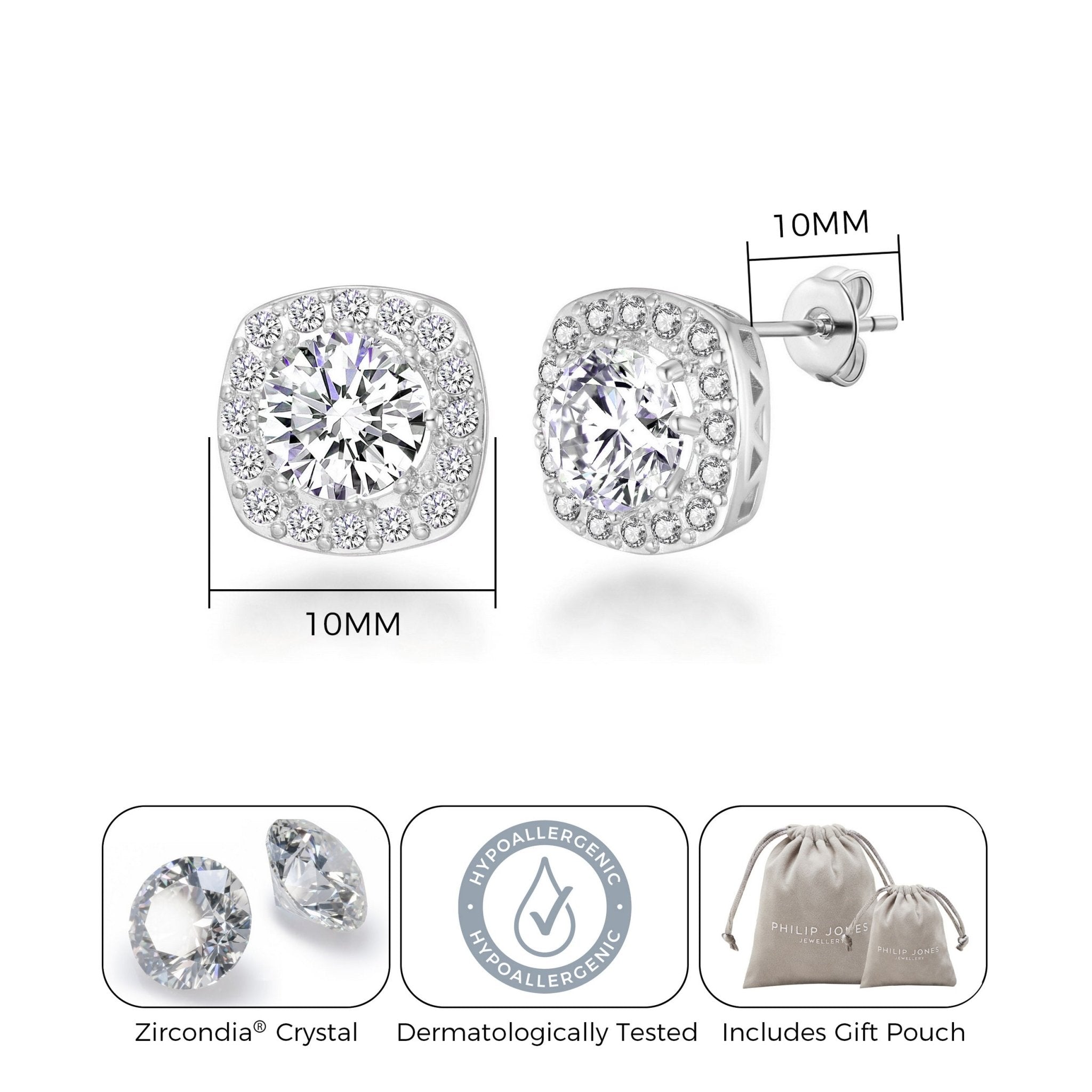 Silver Plated Square Halo Earrings Created with Zircondia® Crystals