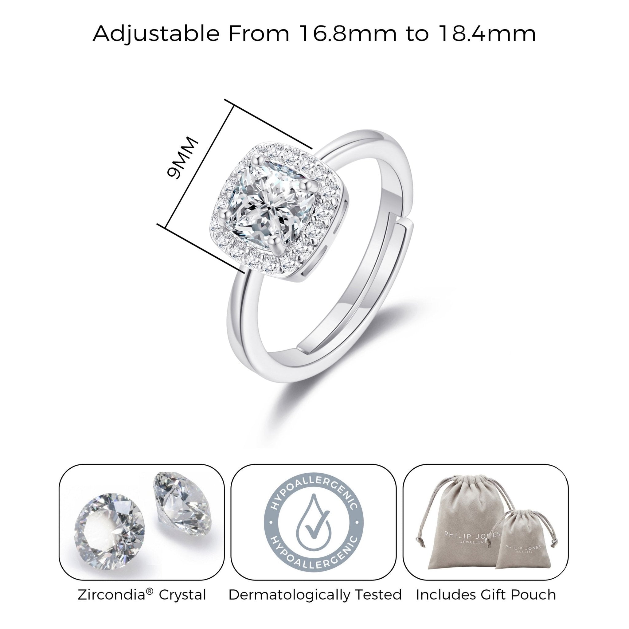 Silver Plated Square Halo Ring Created with Zircondia® Crystals