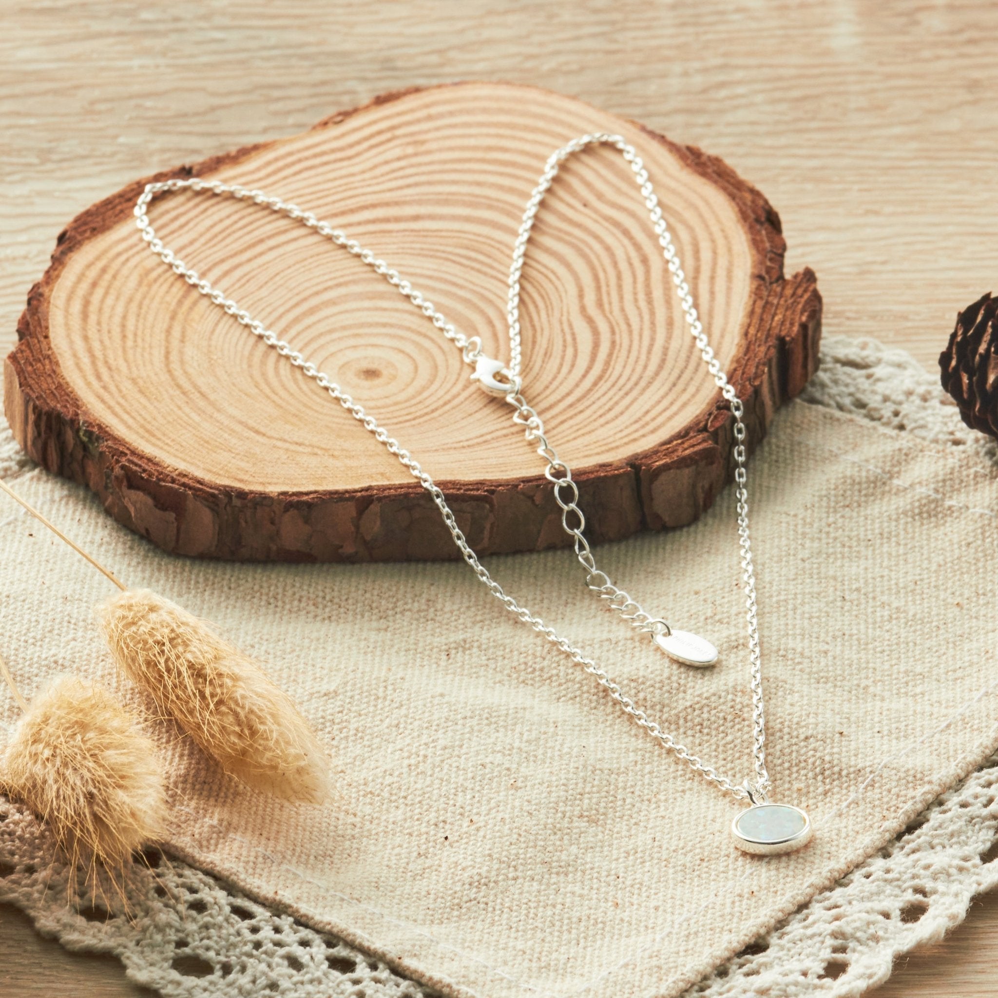 Silver Plated Synthetic White Opal Necklace with Quote Card