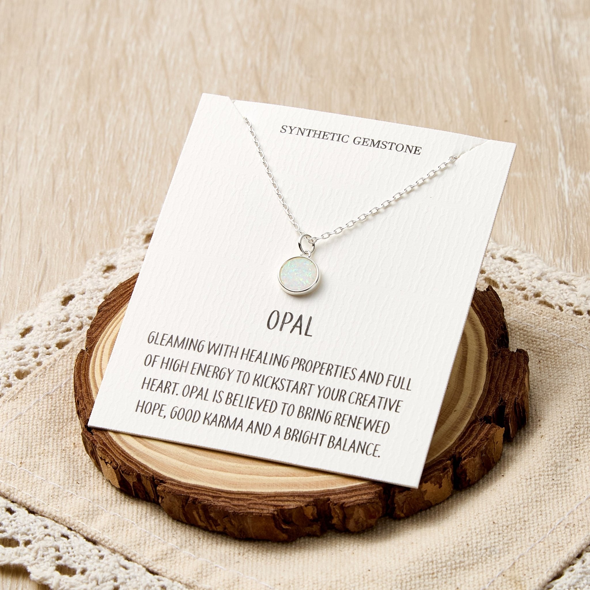 Silver Plated Synthetic White Opal Necklace with Quote Card