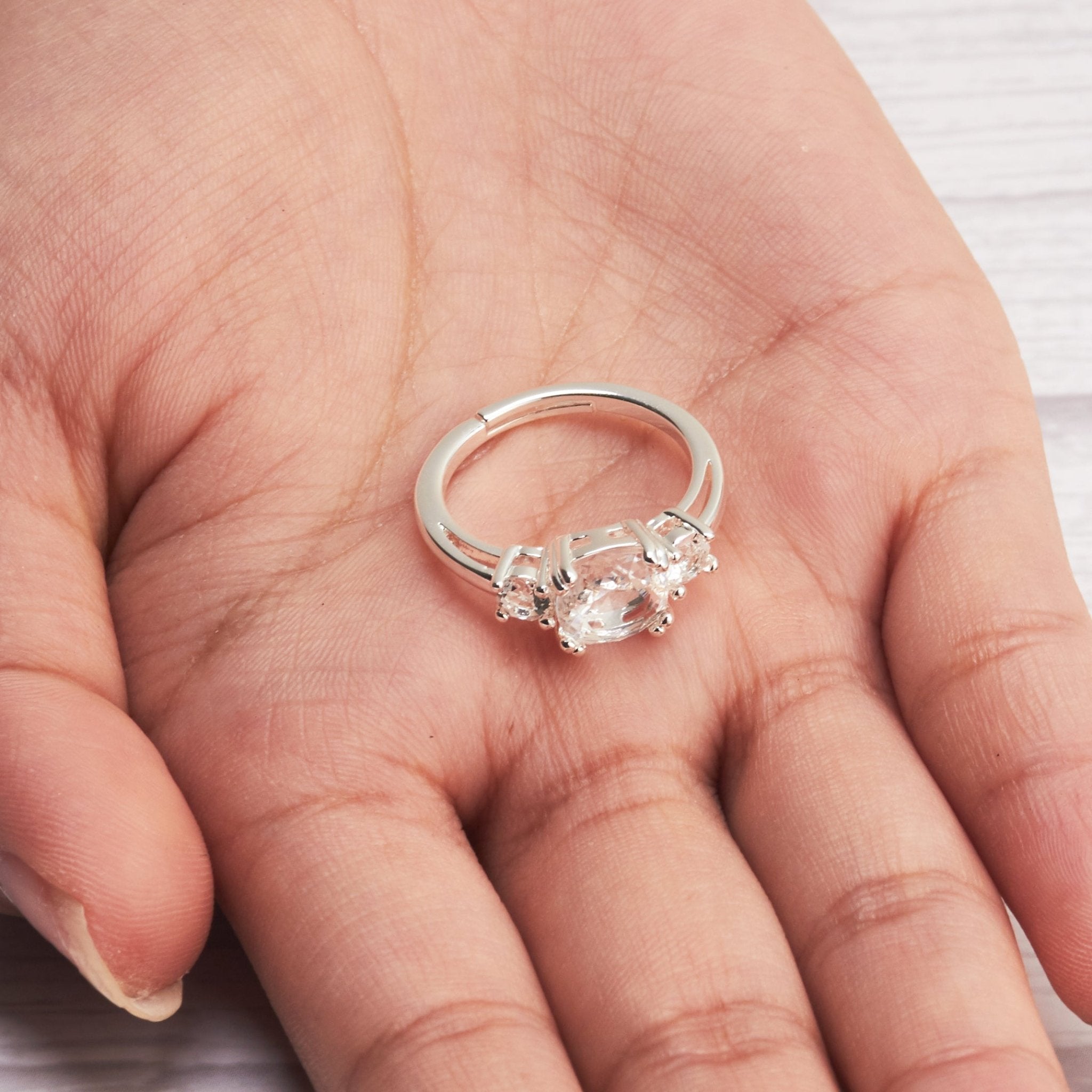 Silver Plated Three Stone Ring Created with Zircondia® Crystals