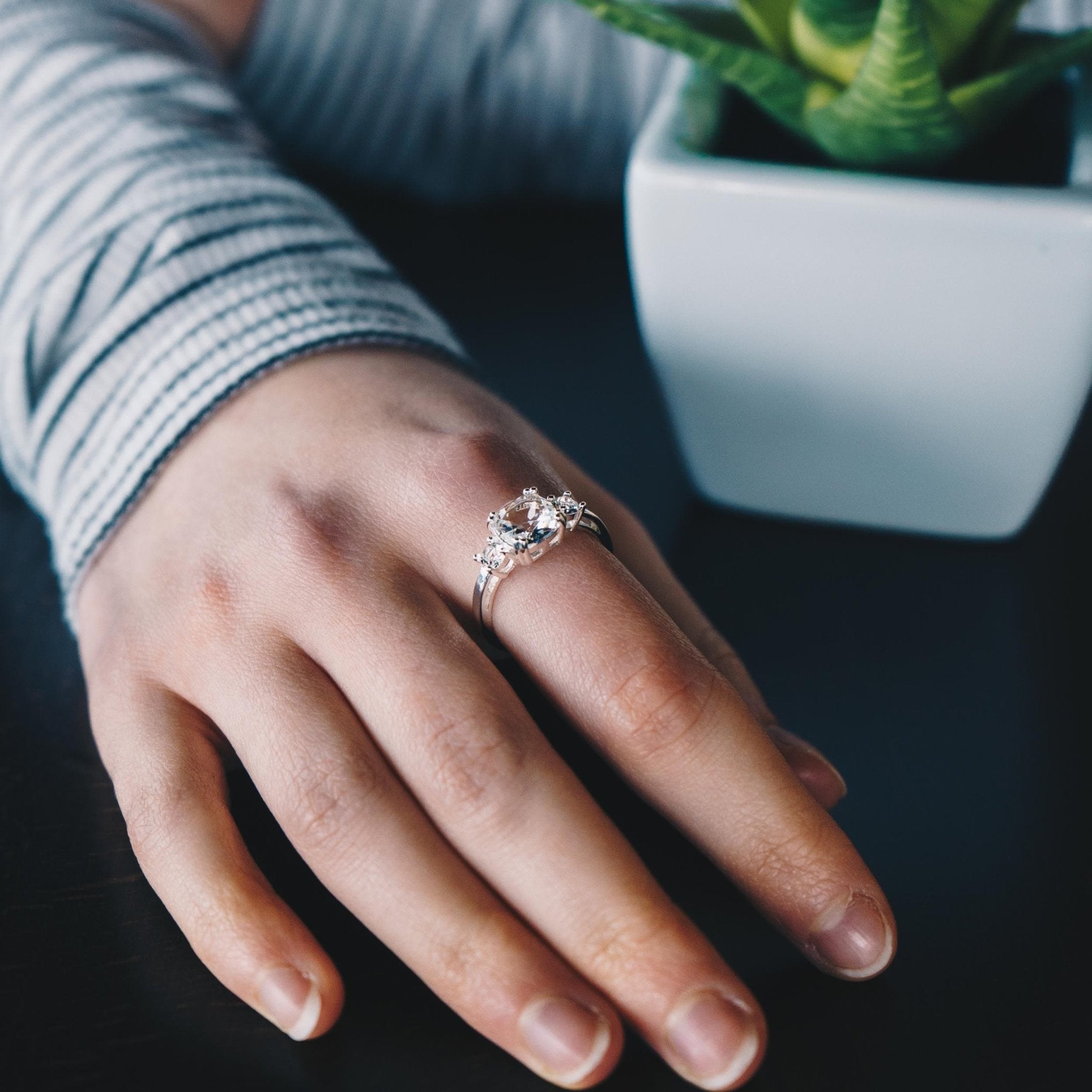 Silver Plated Three Stone Ring Created with Zircondia® Crystals