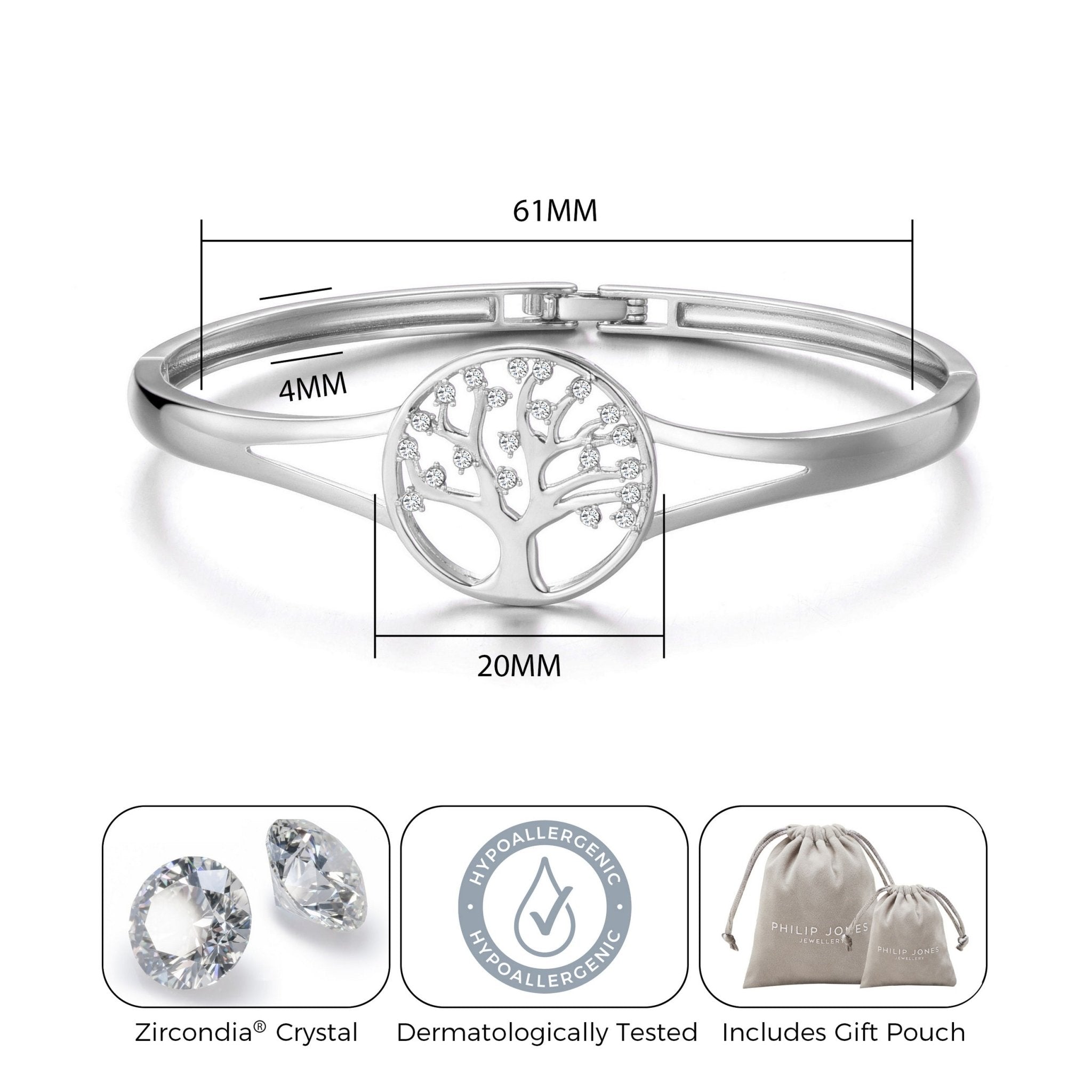 Silver Plated Tree of Life Bangle Created with Zircondia® Crystals (7 Inch)