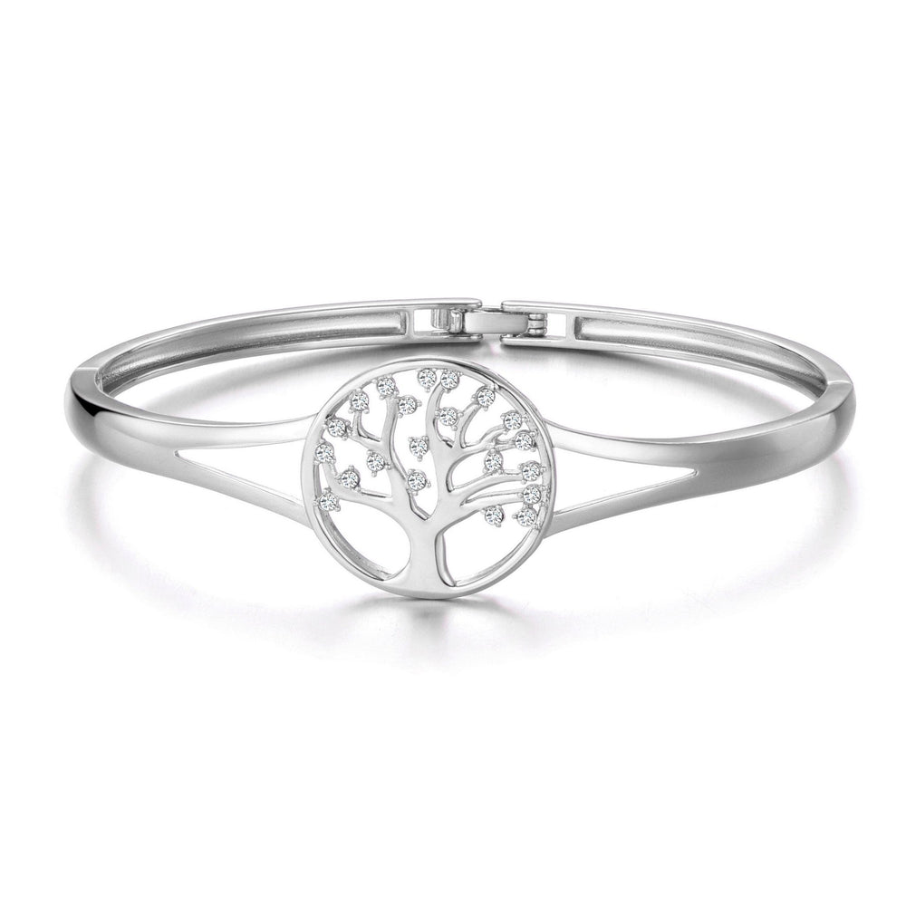 Silver Plated Tree of Life Bangle Created with Zircondia® Crystals (7 Inch)