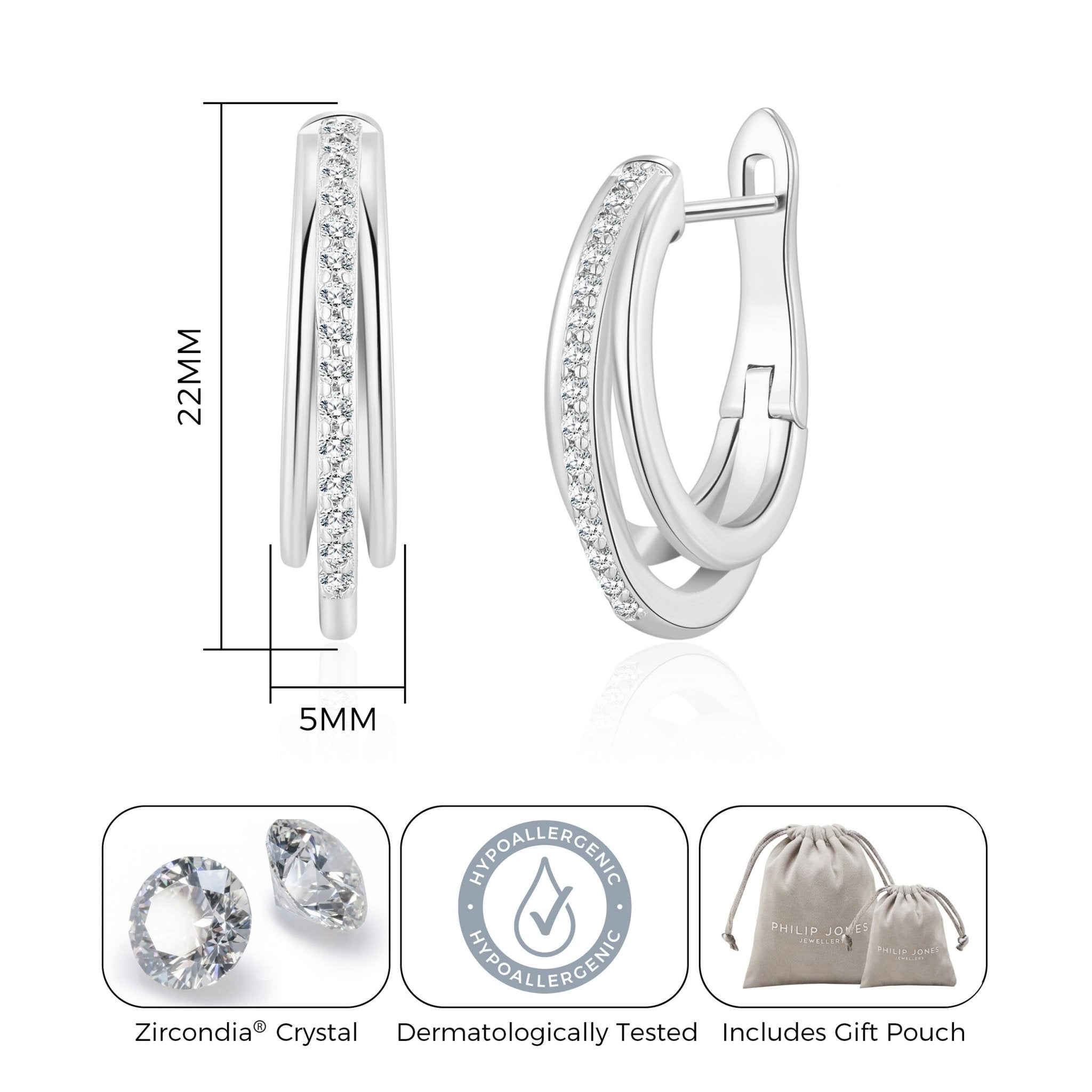 Silver Plated Triple Illusion Hoop Earrings Created with Zircondia® Crystals